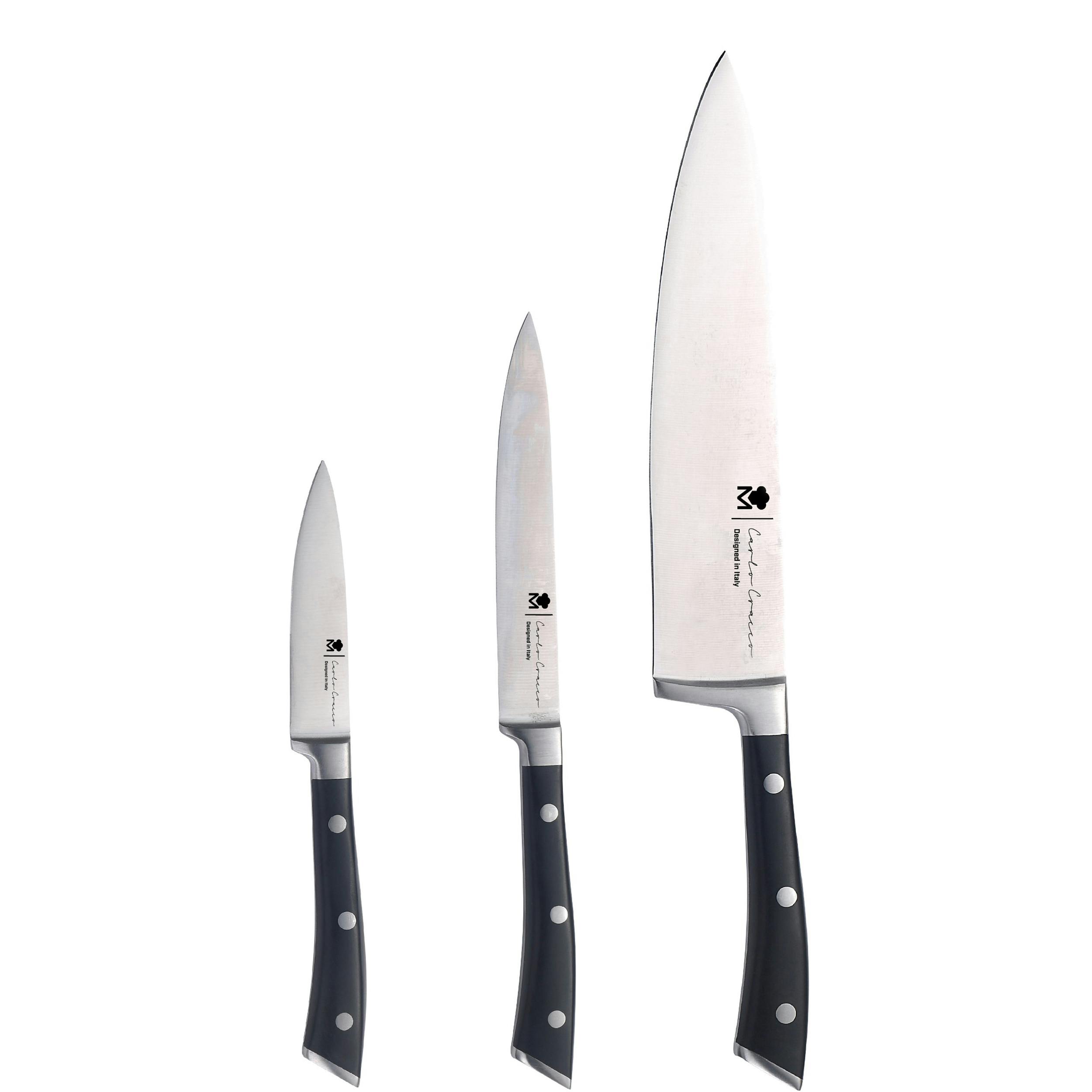 Masterpro by Carlo Cracco set 3 coltelli cucina in acciaio inossidabile e  manico rivettato e tagliere in bamboo impermeabile