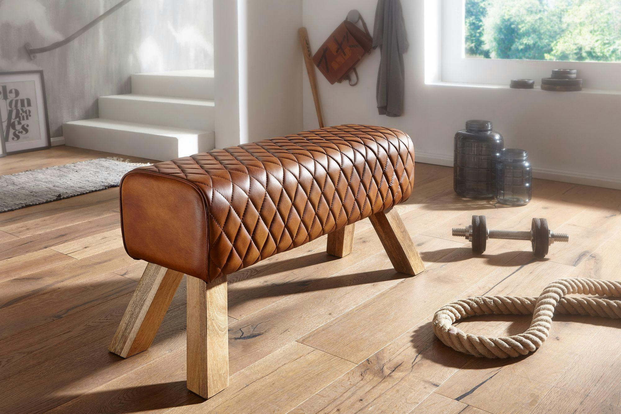 FineBuy Sitzbank Aus Echtleder & Massivholz - 100 Cm Flurbank Im Springbock-Design