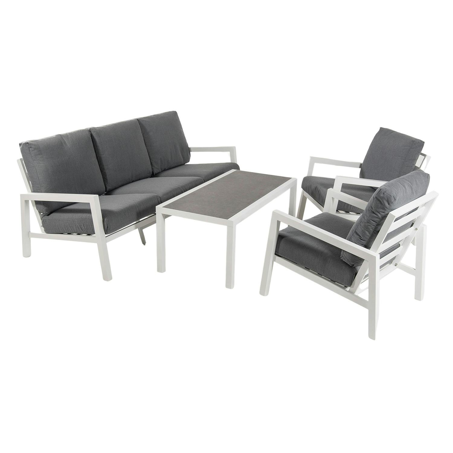 Conjunto sofás jardín, Aluminio reforzado color blanco, Sofá 3 plazas + 2  sillones + Mesita café, 5 plazas, Cojines color gris | MAKRO Marketplace