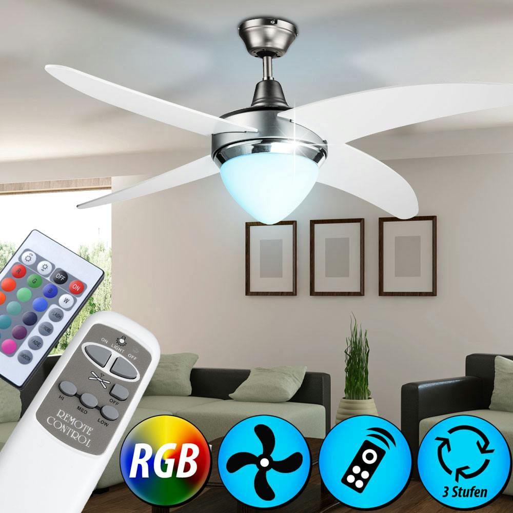 RGB LED Decken Kühler Ventilator Flur Glas Lüfter Lampe Fernbedienung DIMMBAR 