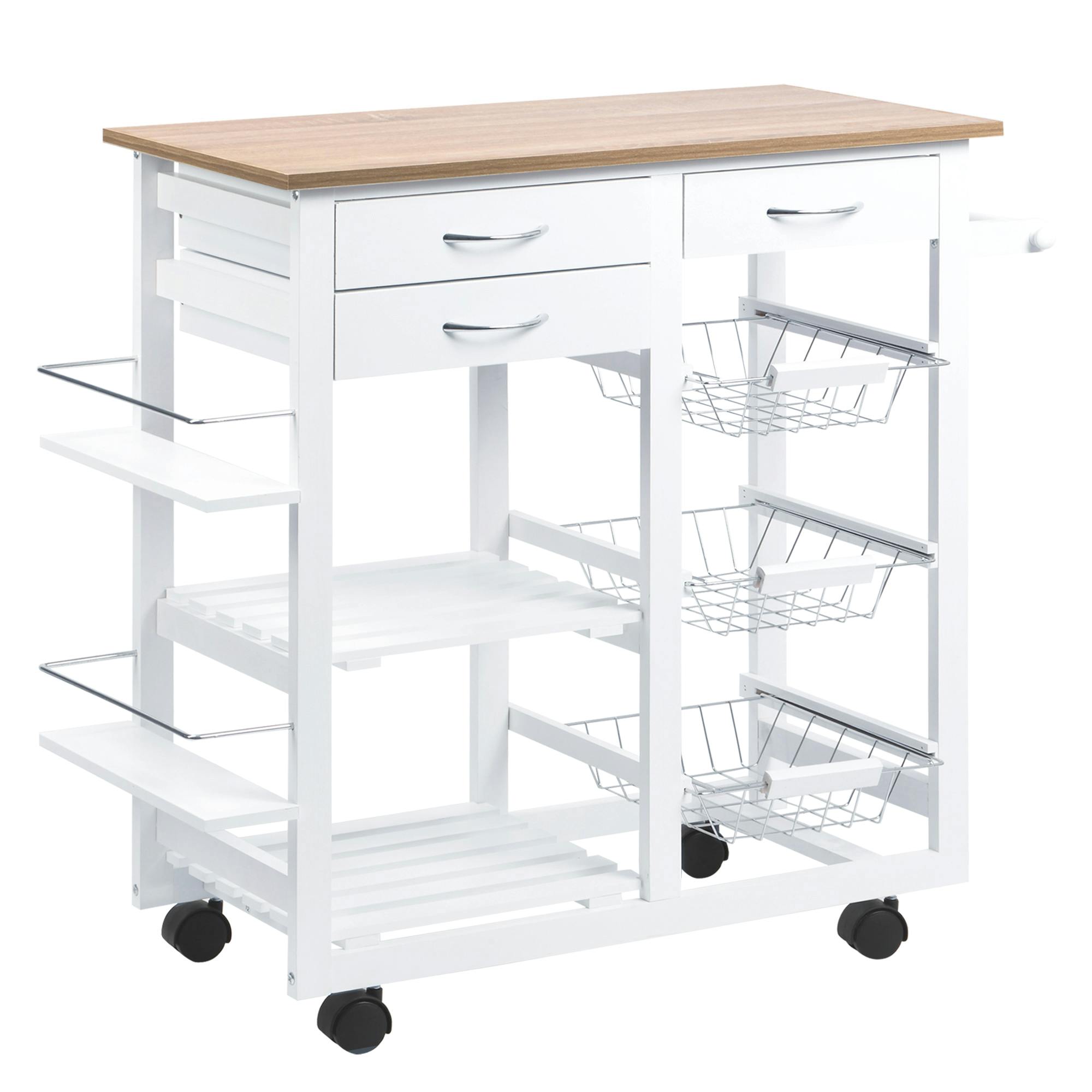 Carrito de cocina con ruedas de 4 niveles, carrito de almacenamiento de  cocina de madera, carrito de microondas con toallero, cajones, estantes