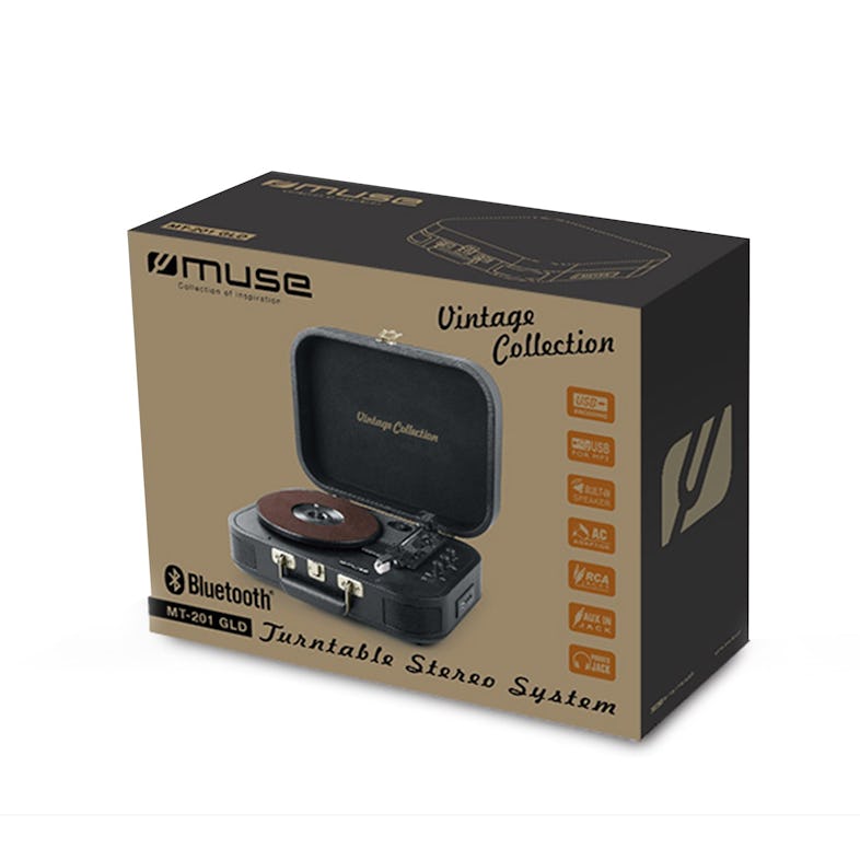 Platine Vinyle Muse MT-201 GLD, Stéréo 33-45-78 Tours, BT / USB / AUX,  Enceintes intégrées 2x5W, Black Gold
