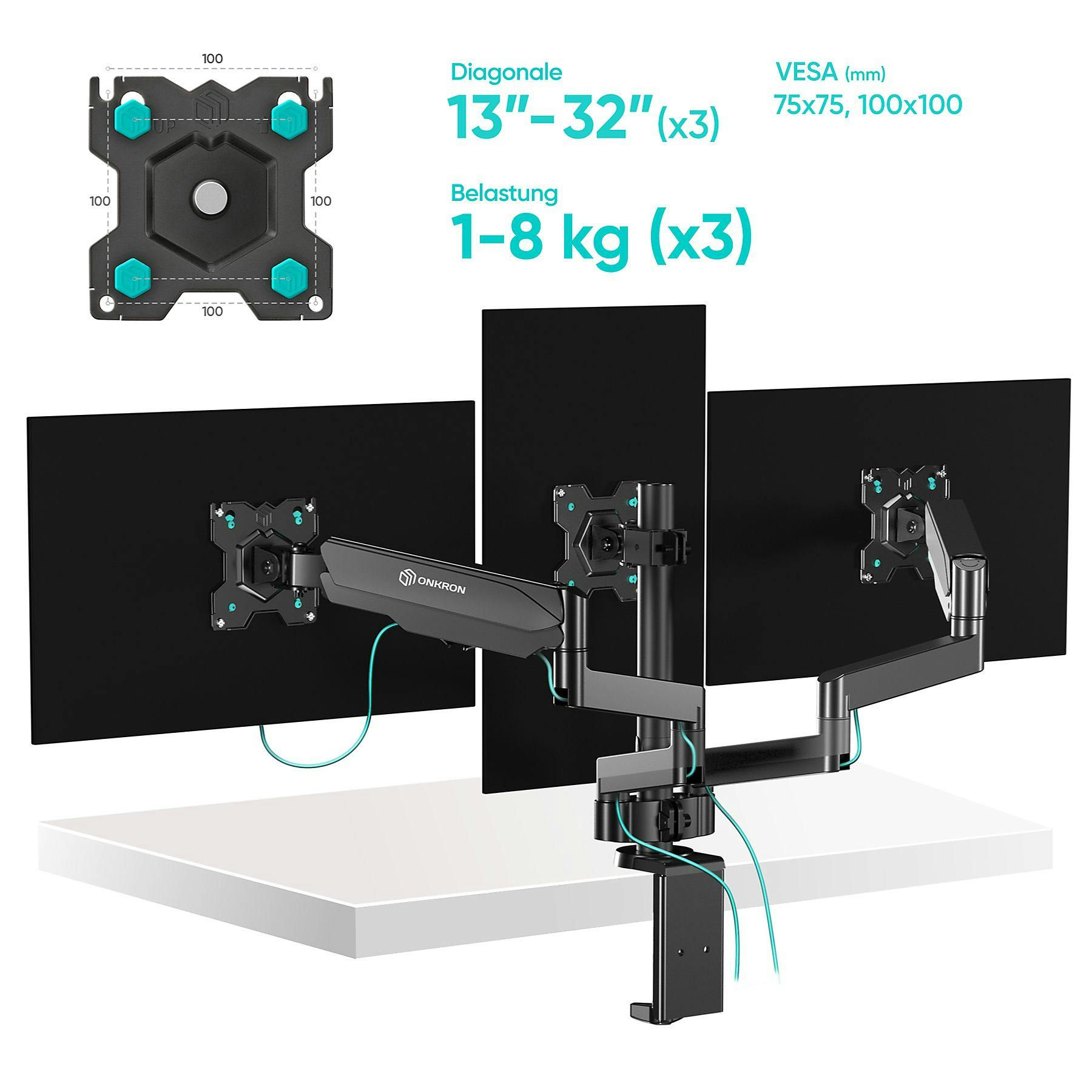 ONKRON Monitor Tischhalterung für 3x 13“-26“ Zoll Bildschirme Gasdruckfeder  höhenverstellbar schwenkbar neigbar VESA 75x75-100x100 mm G280 Schwarz