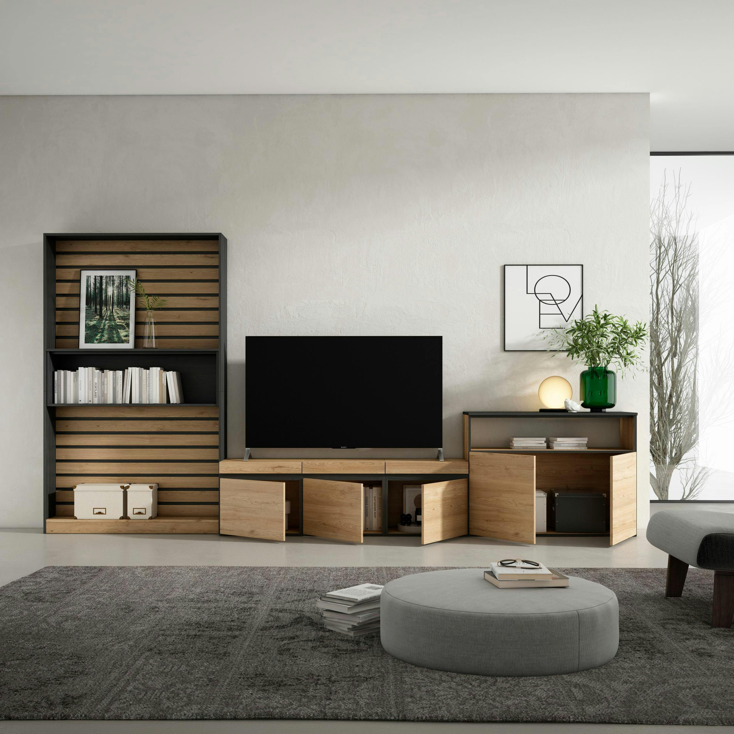 Muebles de Salón para TV, 320x186x35cm, Chimenea eléctrica, Blanco