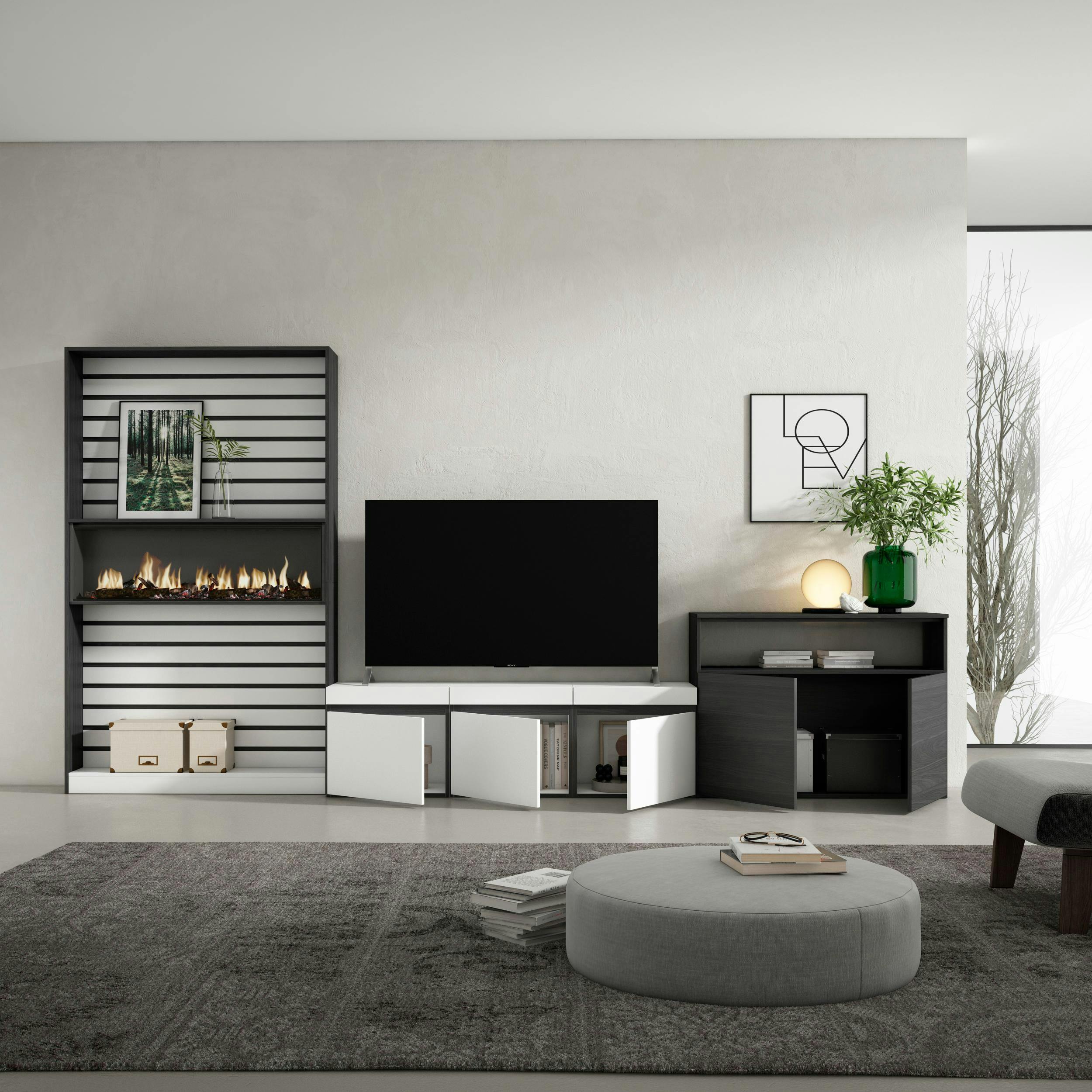 Muebles de Salón para TV, 260x186x35cm, Para TV hasta 65, Chimenea  eléctrica, Blanco y negro