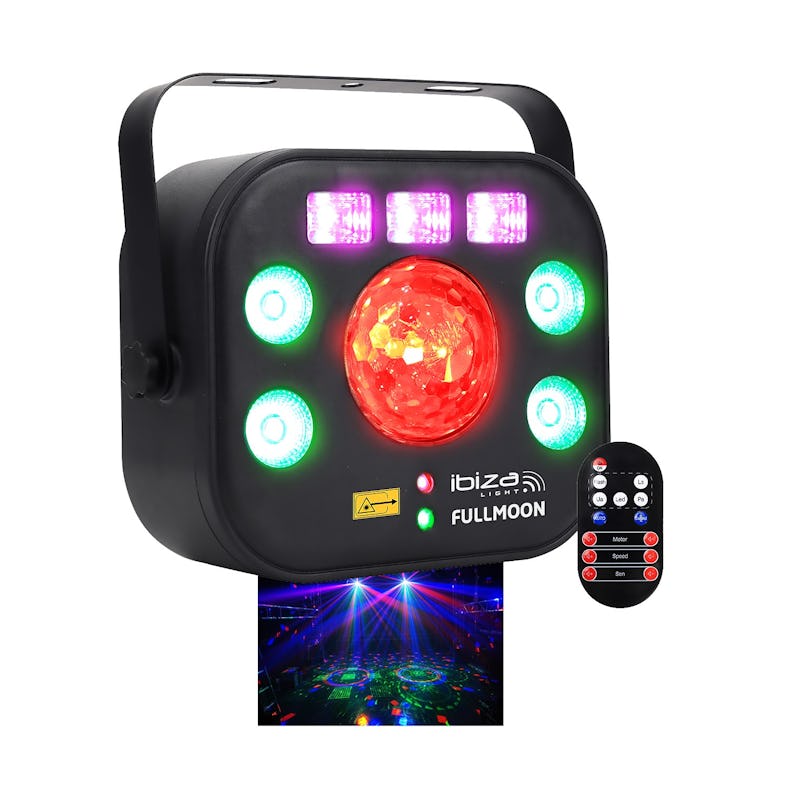 Jeu de lumière Ibiza Light FULLMOON - DMX 5-EN-1 AVEC WASH LED RGBW 4-en-1,  UV, LAS R+G, STROBO 20 flashes/sec. & ASTRO