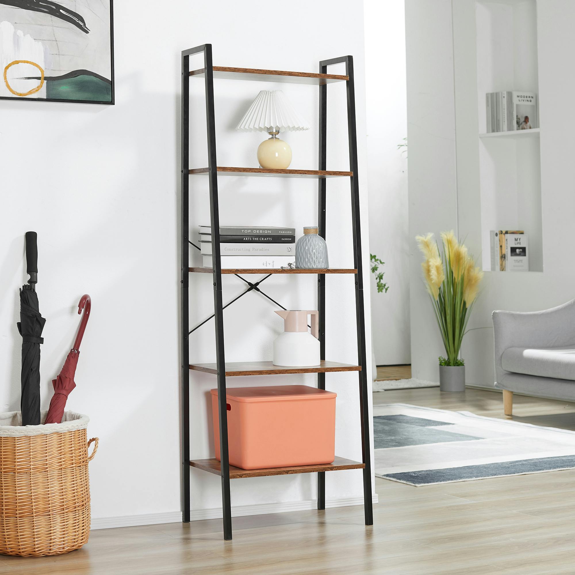 Estantería con escalera de 4 niveles, con marco en forma de A, de bambú, 4  estantes, estante industrial para libros, sala de estar, oficina, color