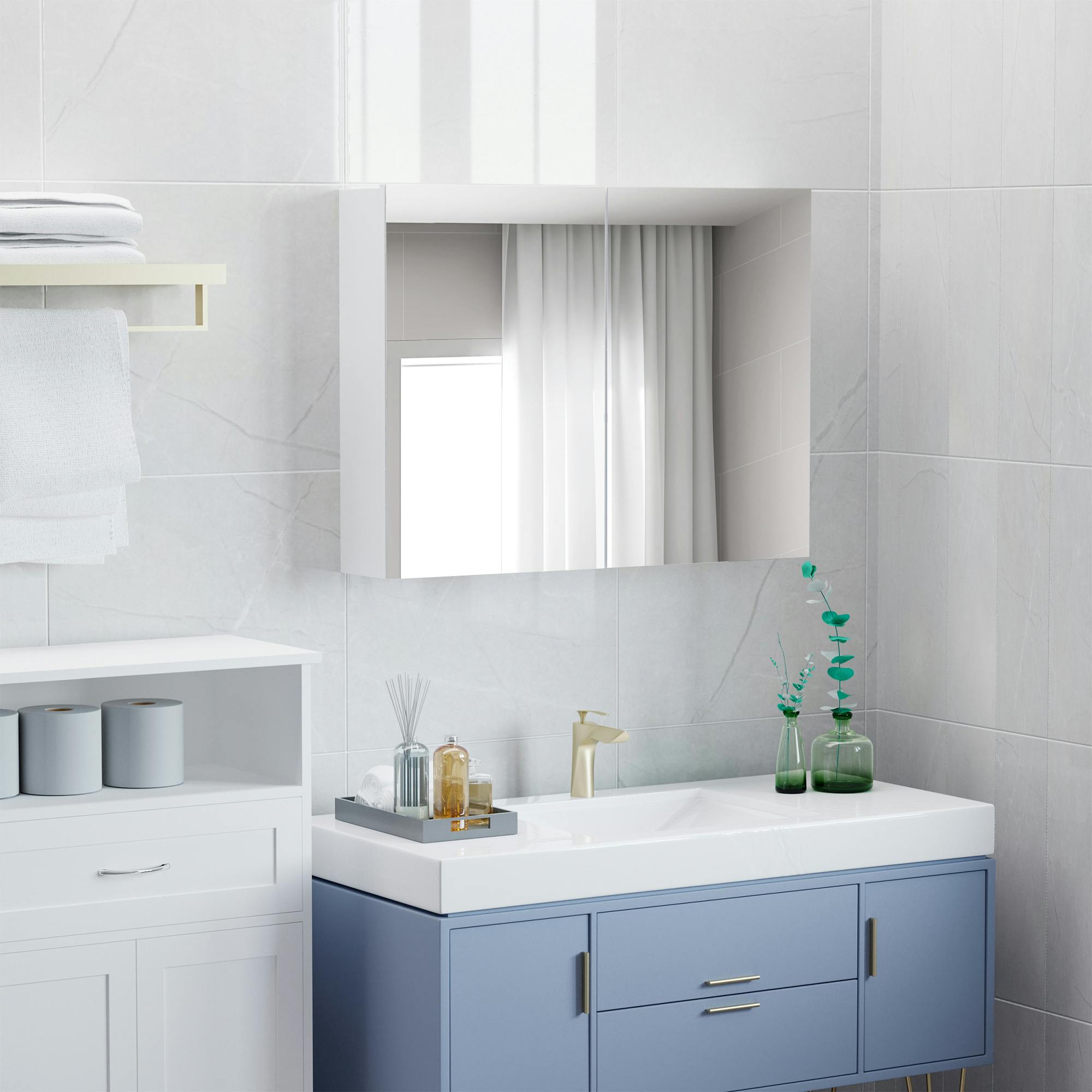 kleankin Armario de Baño con Espejo Mueble Colgante de Aseo con 4 Puertas y  3 Estantes Interiores 55x17,5x60 cm Blanco y Gris