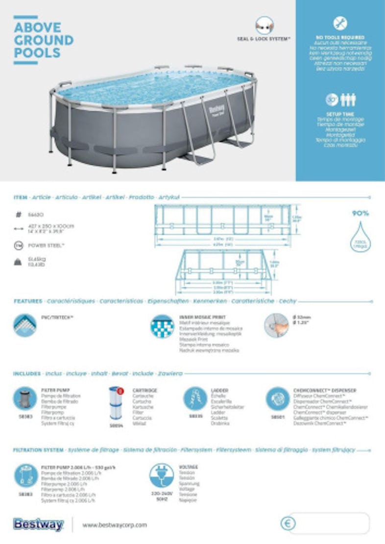Bestway Power Steel Oval Pool Set, Stahlrahmen / Polyvinylchlorid, 4.27 x  2.5 x 1 m, Innenverkleidung in Fliesenmosaik-Optik, grau | METRO Marktplatz