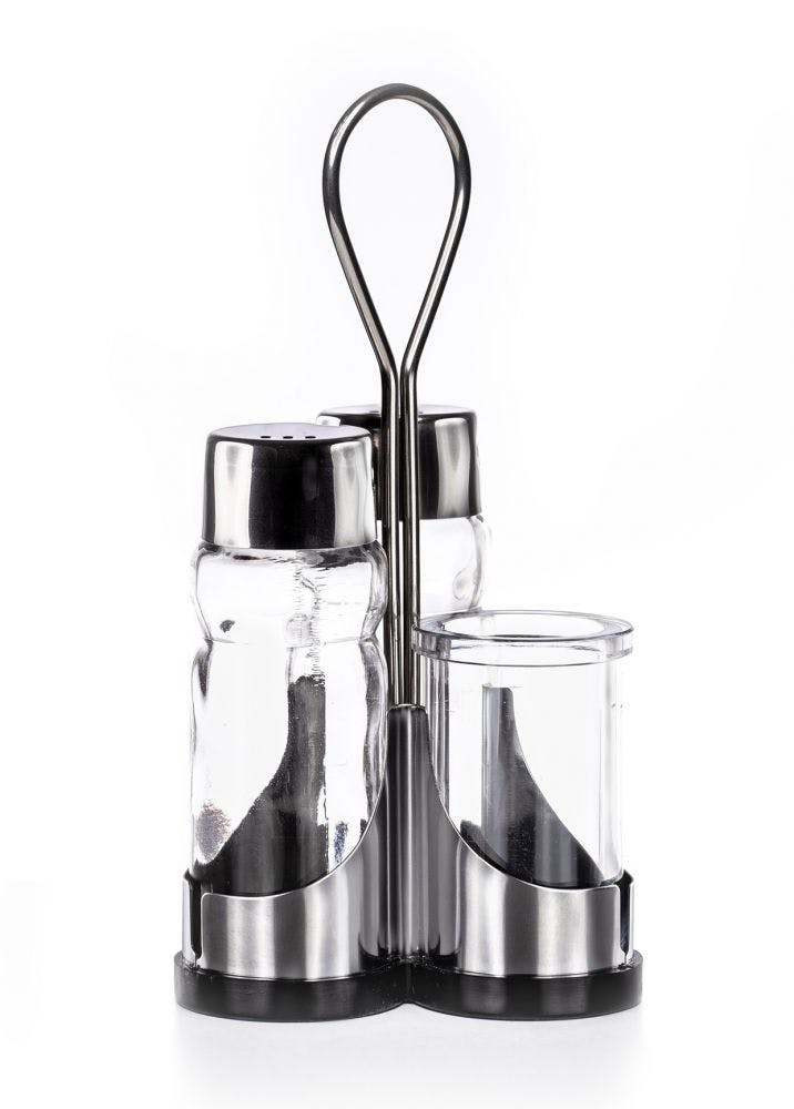 6X Menage 3-teilig Salz und Pfeffer Edelstahl/Glas Zahnstocherglas 