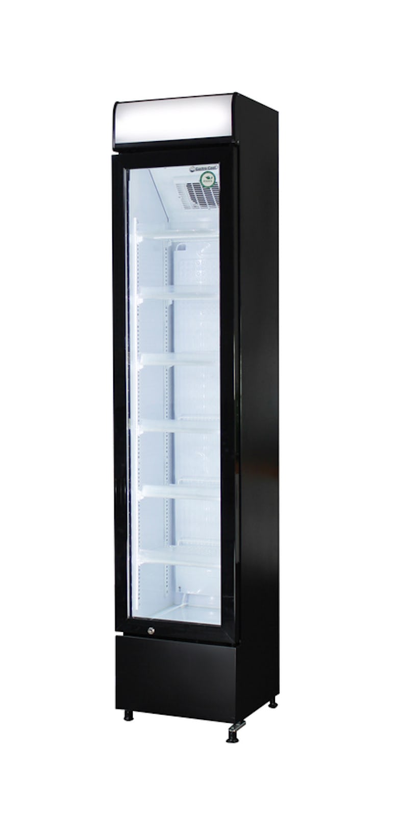 Gastro-Cool Schmaler Flaschenkühlschrank mit Werbedisplay in schwarz/ weiß  / 150l - GCDC130