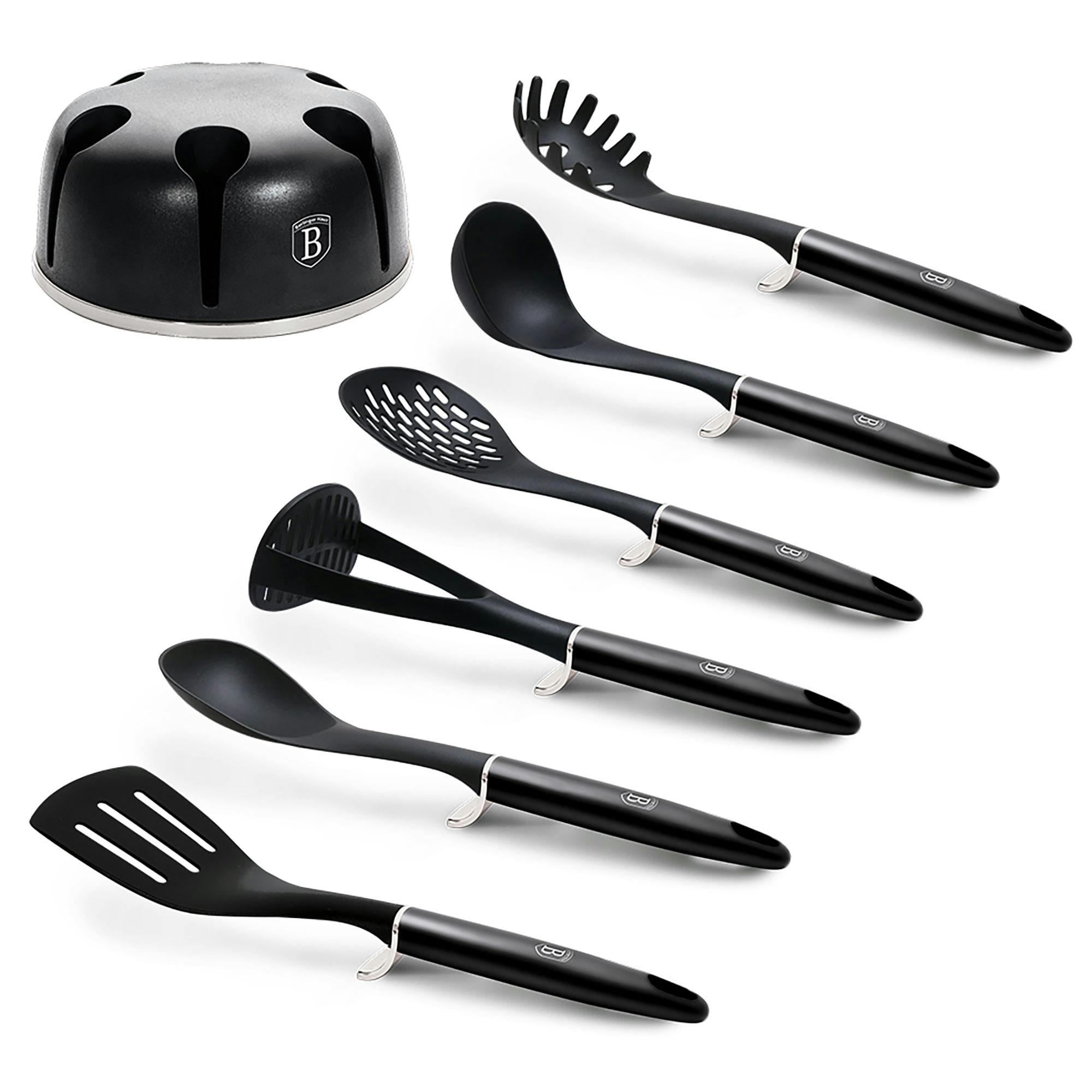 Berlinger Haus Set di 6 Utensili da Cucina in Nylon + Portautensili,  Antiaderente Senza BPA Grigio Scuro AT-6324