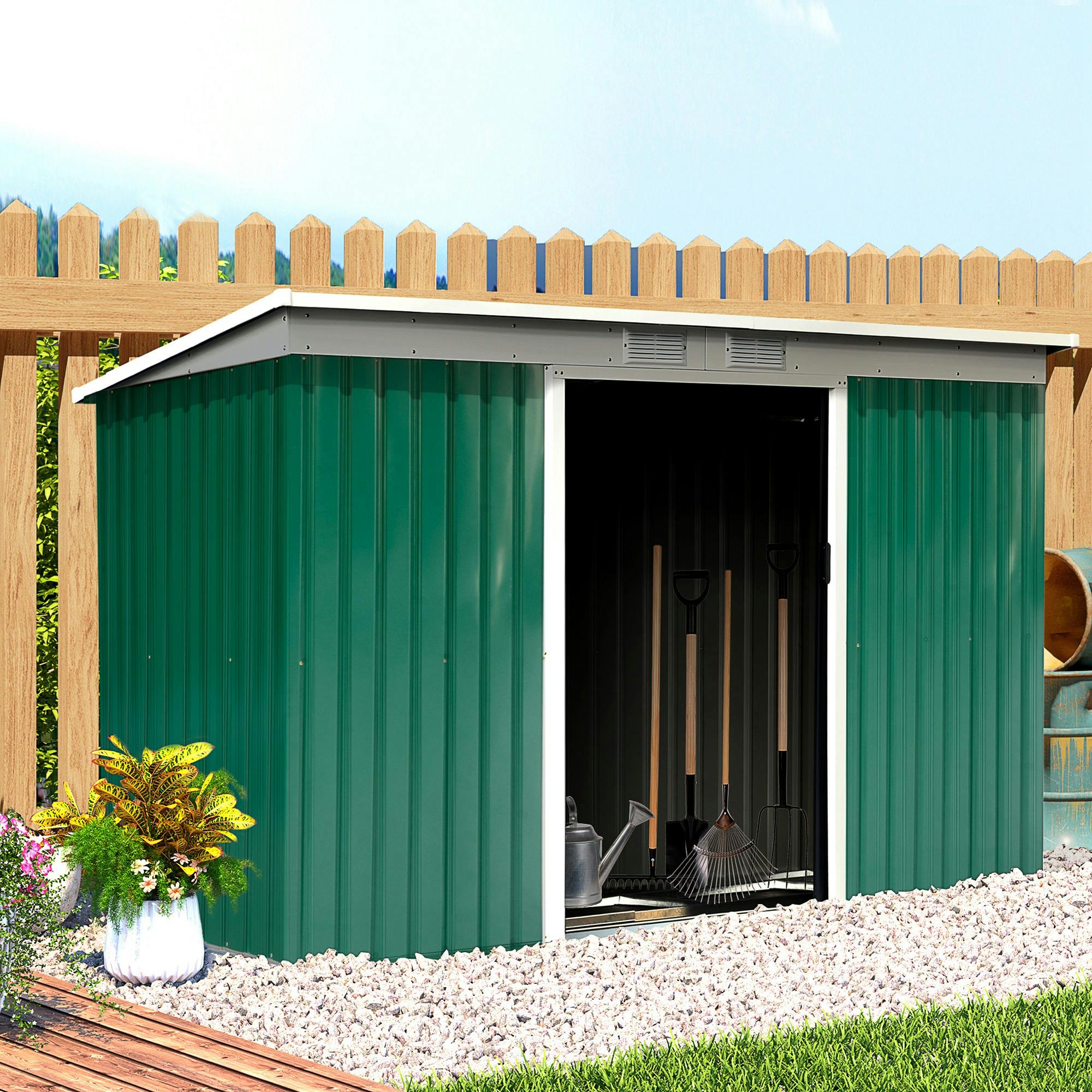 Caseta de Jardín 1,07 m² 142x84x189 cm Cobertizo Exterior de Acero  Galvanizado con Puerta Cerradura Verde Outsunny en Planeta Huerto