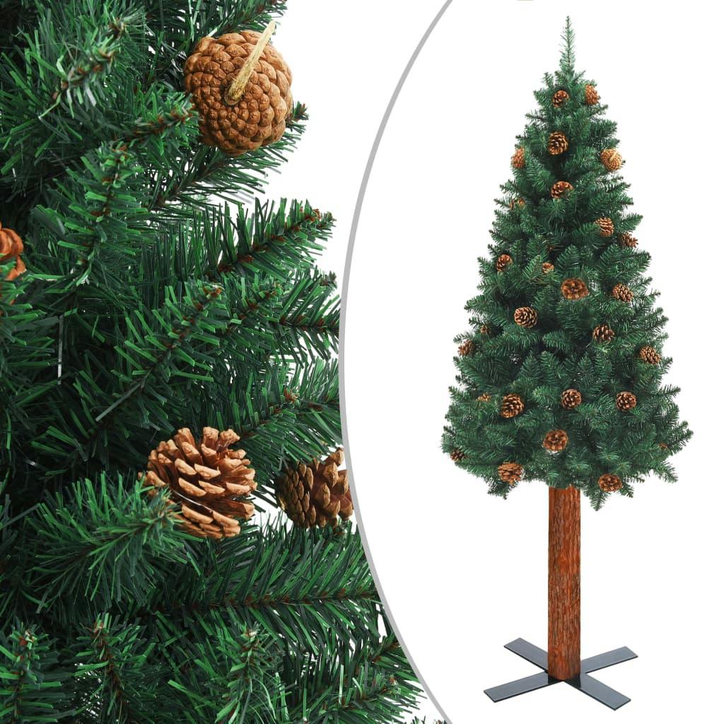 vidaXL Schlanker Weihnachtsbaum mit Echtholz und Zapfen Grün 150cm PVC