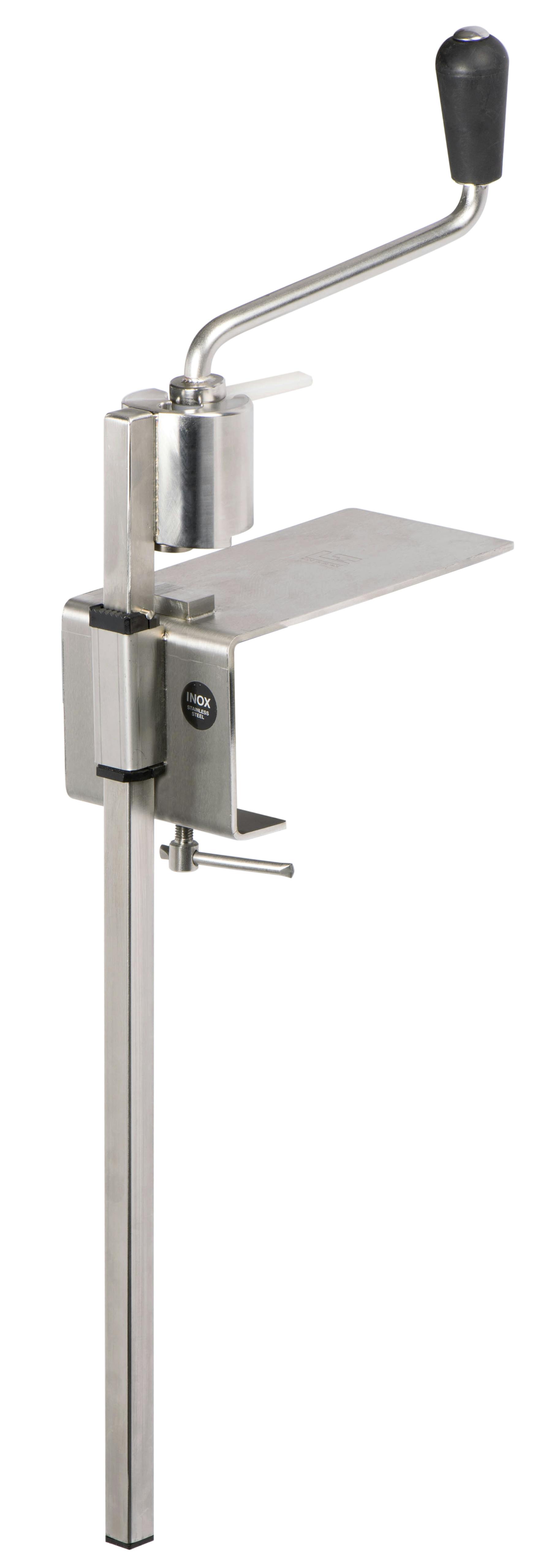 Ouvre-boîtes manuel tout inox NF Hygiène alimentaire - socle serre joint -  550 mm