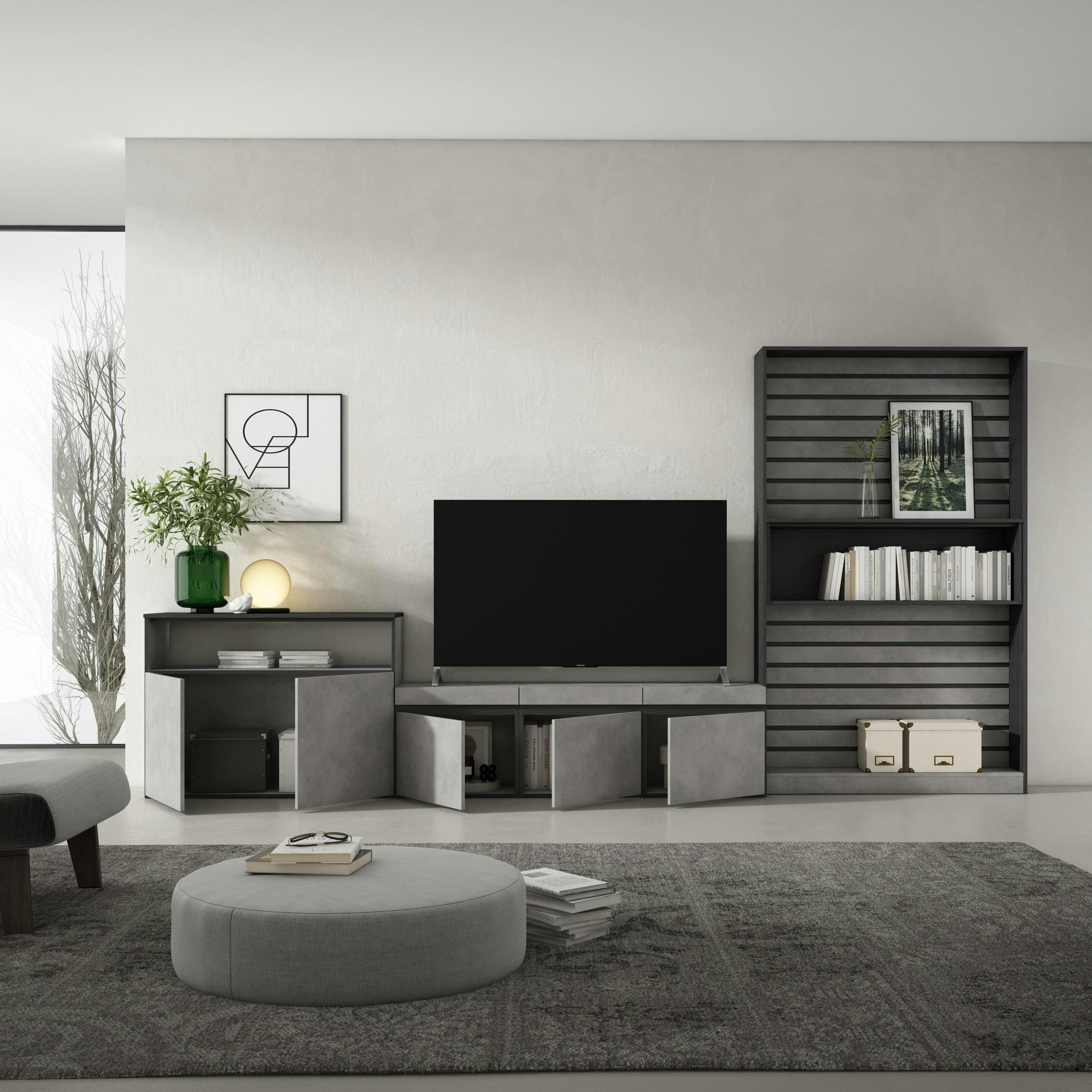 Muebles de Salón para TV, 260x186x35cm, Para TV hasta 65, Chimenea  eléctrica, Cemento