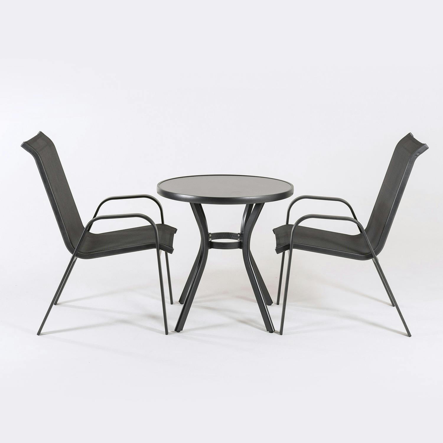 Personificación enlazar Respectivamente Conjunto de terraza, Mesa redonda de 72 cm de diámetro y 2 sillones de  aluminio color antracita. | MAKRO Marketplace