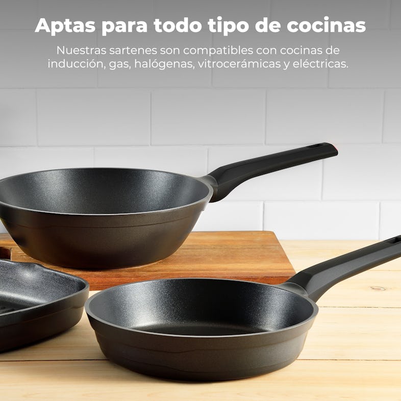 San Ignacio sartenes 20/24/28 cms, Aluminio Forjado, inducción, con Set 3  Utensilios de Cocina, Nylon, Multicolor
