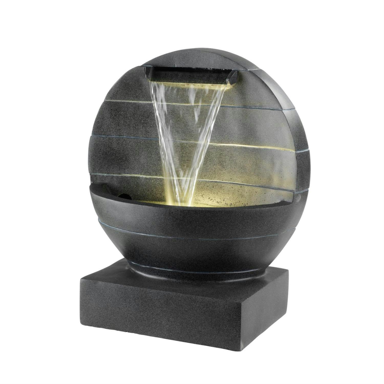 Gartenbrunnen mit Wasserfall beleuchtet rund Polyresin Zierbrunnen 59cm