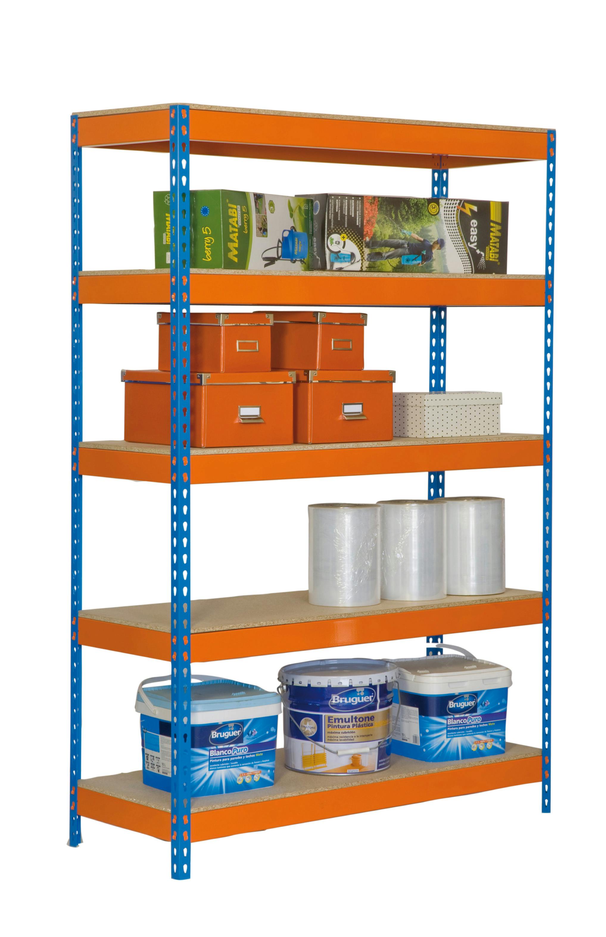 Estantería metálica media carga picking para almacenaje, sin tornillos,  2500x2100x500 mm (HxWxD) color Azul y naranja con 5 niveles de aglomerado  ajustables en altura, soporta hasta 575 kg por balda : 