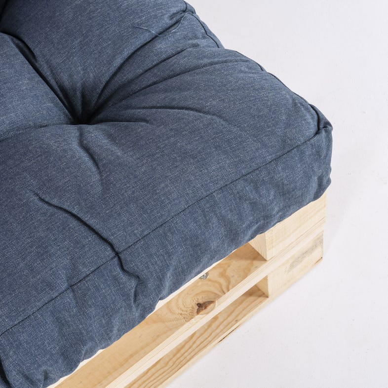 Pack de 2 sofas de paletes y 2 almofadas de assento 80x120x16 cm y 2  almofadas de encosto 42x120x16 cm cor azul olefina