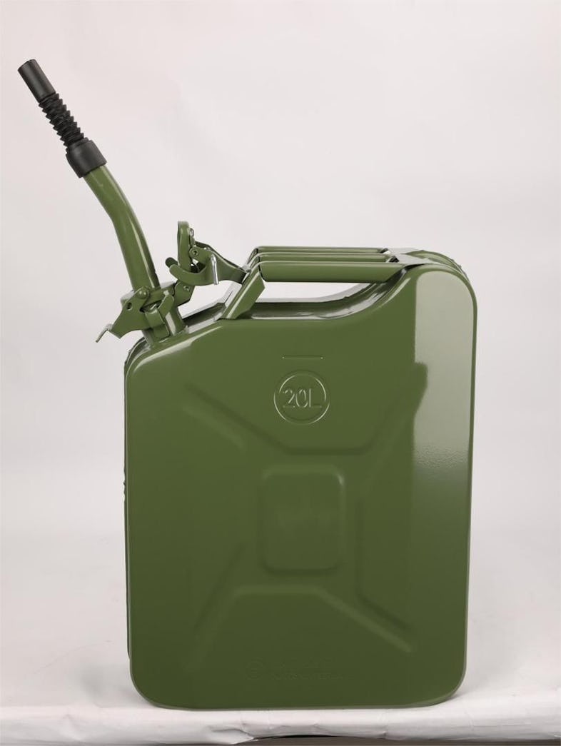 Metall Benzinkanister Kraftstoffkanister olivgrün 20 Liter + Ausgießer  silber/grün