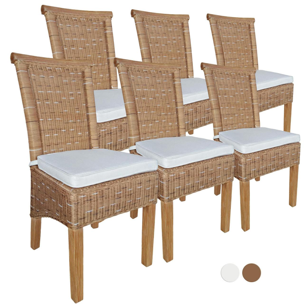 Esszimmer-Stühle Set Rattanstühle Perth 6 Stück braun Sitzkissen Leinen ...