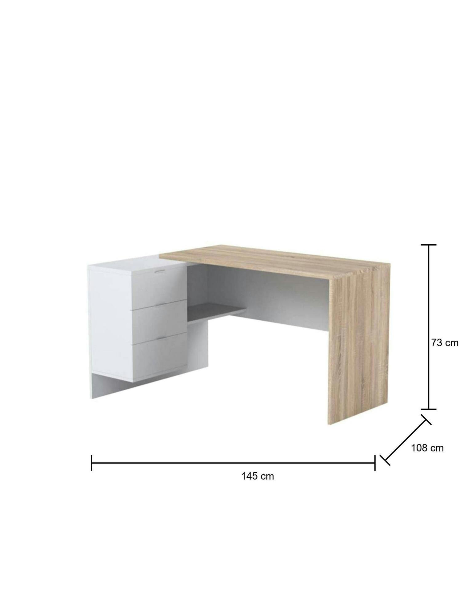 Dmora Scrivania Greensboro, Scrittoio multifunzione reversibile da ufficio con  cassettiera, 145x108h73 cm, Rovere e Bianco