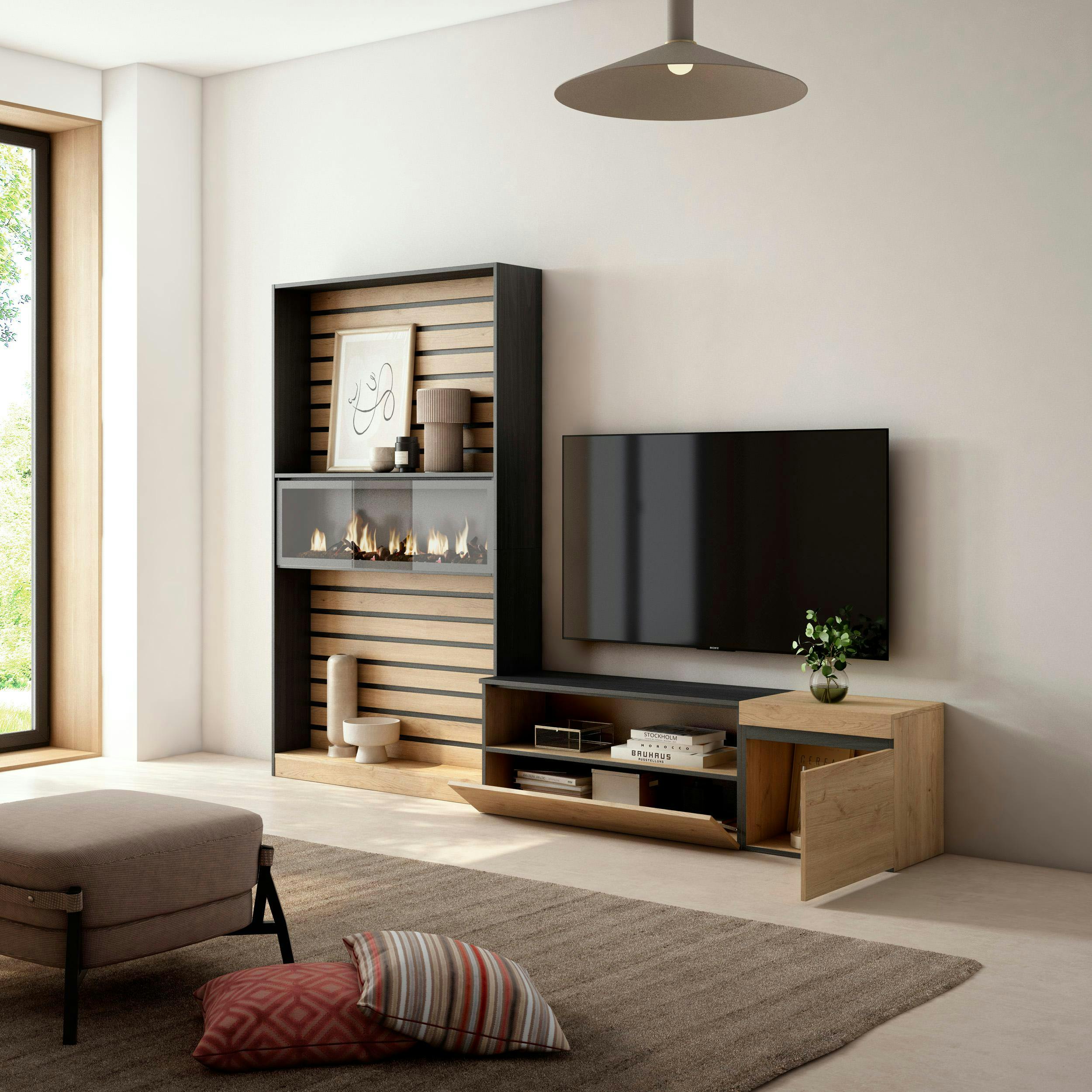 Muebles de Salón para TV, 360x186x35cm, Para TV hasta 65, Chimenea  eléctrica, Roble y negro