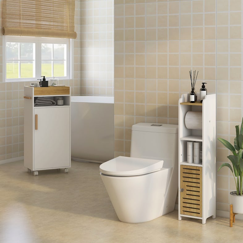 kleankin armario de baño moderno columna auxiliar de baño mueble de suelo  de baño con estantes ajustables bandeja extraíble y ruedas 40x30x88 cm
