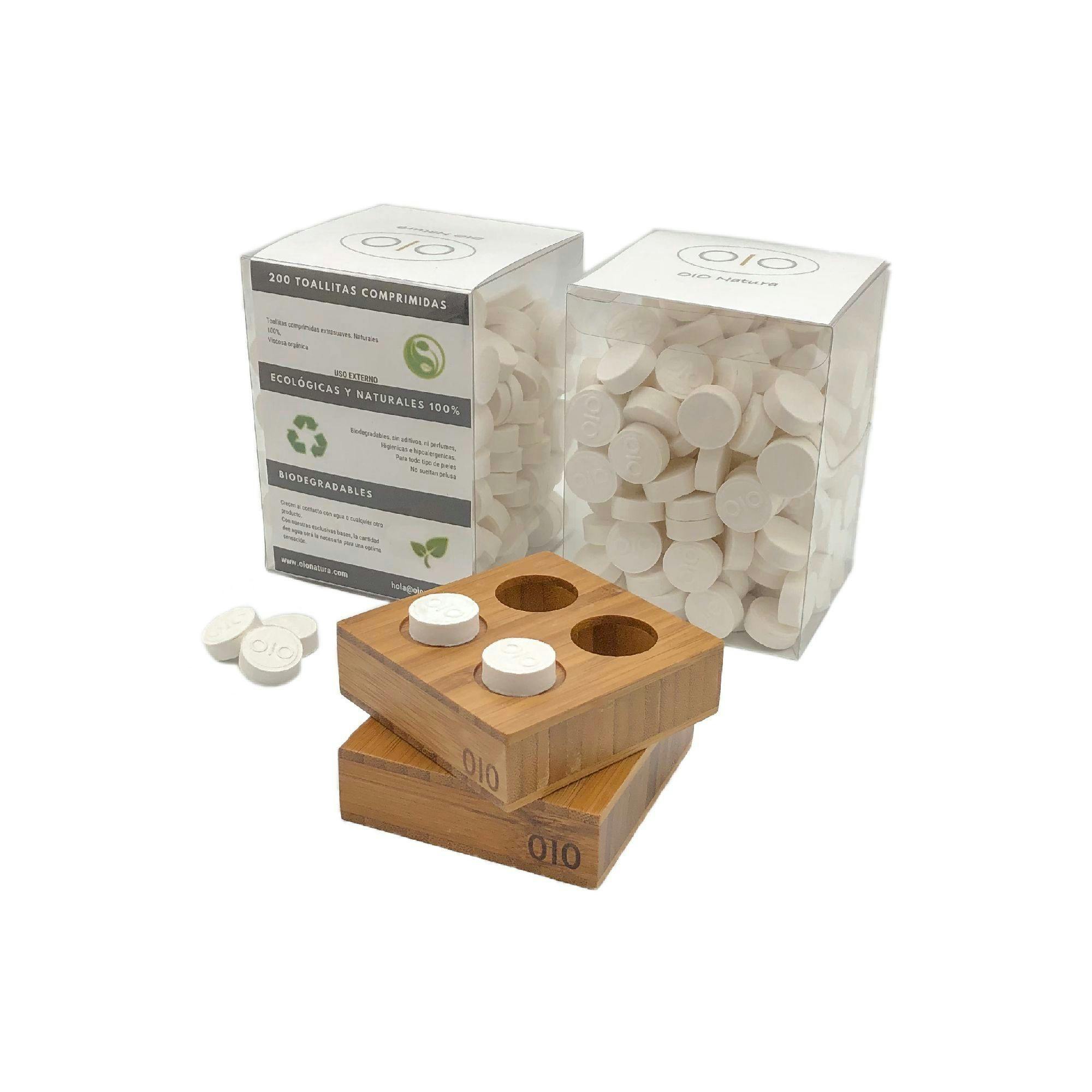 Toallitas comprimidas biodegradables by OIO (Pack de 400 unidades) + 2Bases  Bambú duo