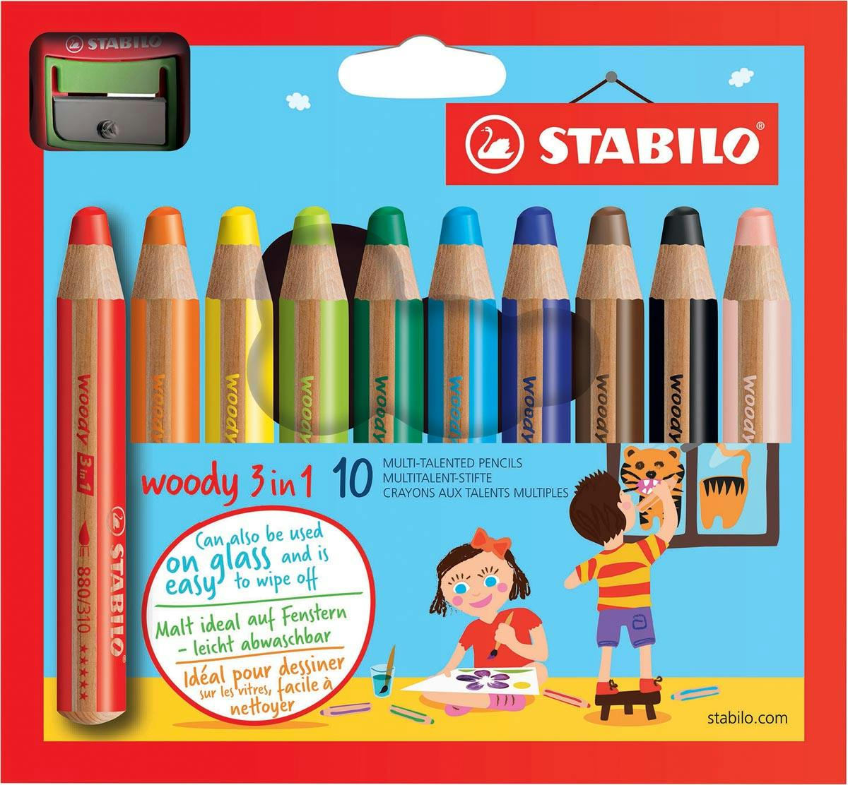 Stock Bureau - STABILO Set x 15 crayons multi-talents woody 3 in 1 + 1  taille-crayon + 1 plateau de rangement