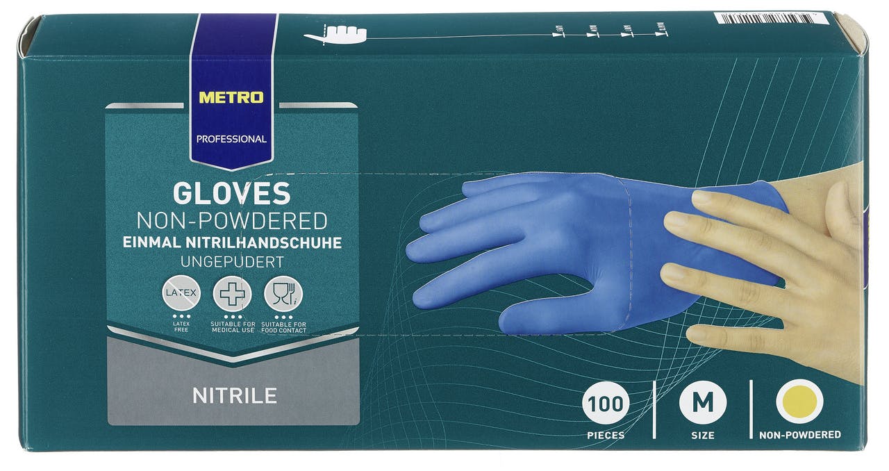METRO Professional Guantes desechables, nitrilo, sin polvo, talla M, azul,  100 unidades
