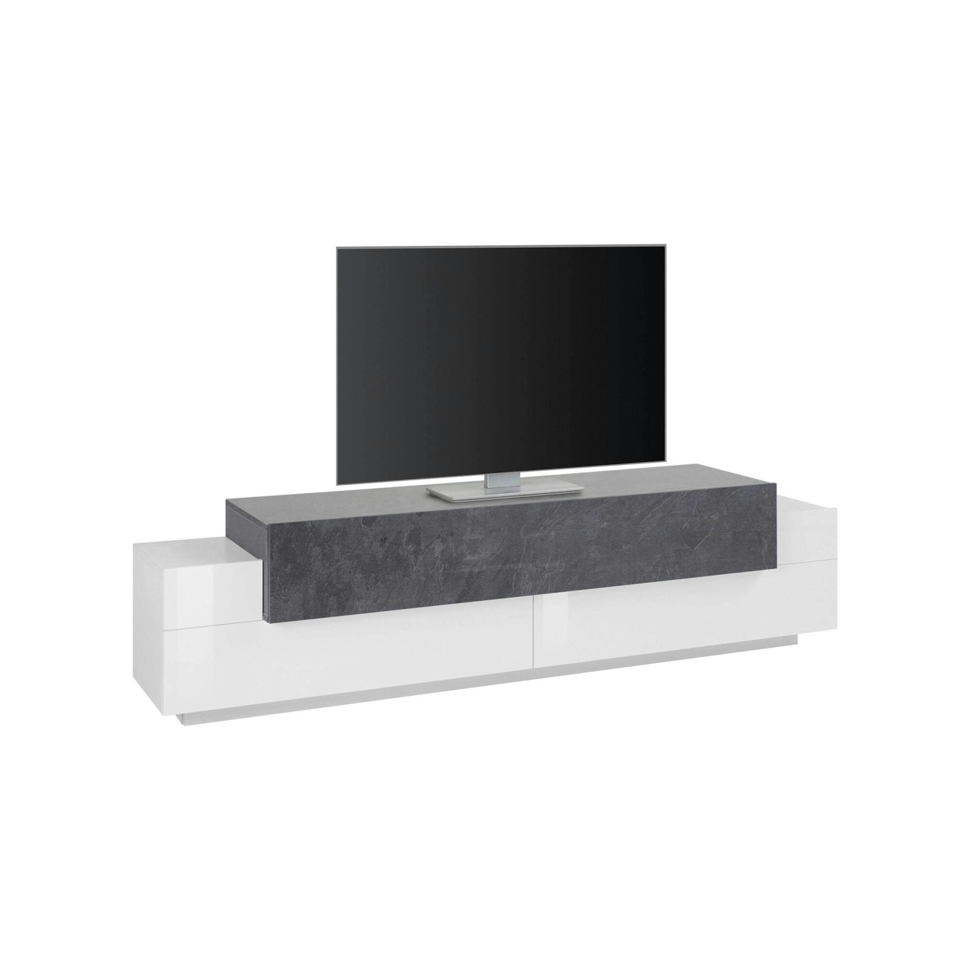 Dmora Mobile porta TV Teo, Credenza bassa da soggiorno, Base porta TV, 100%  Made in Italy, cm 200x45h52, Bianco lucido e Ardesia