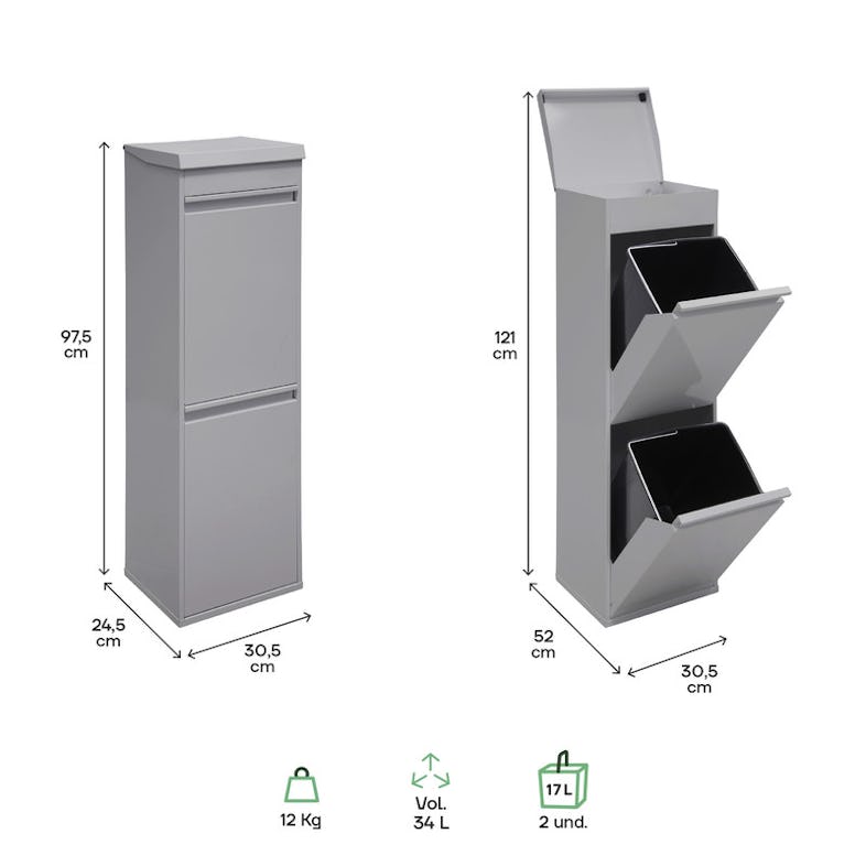 ARREGUI Top CR226-B Cubo de basura y reciclaje de acero de 2 cubos con  bandeja superior multiusos, mueble de reciclaje, 2 x 17 L (34 L), negro