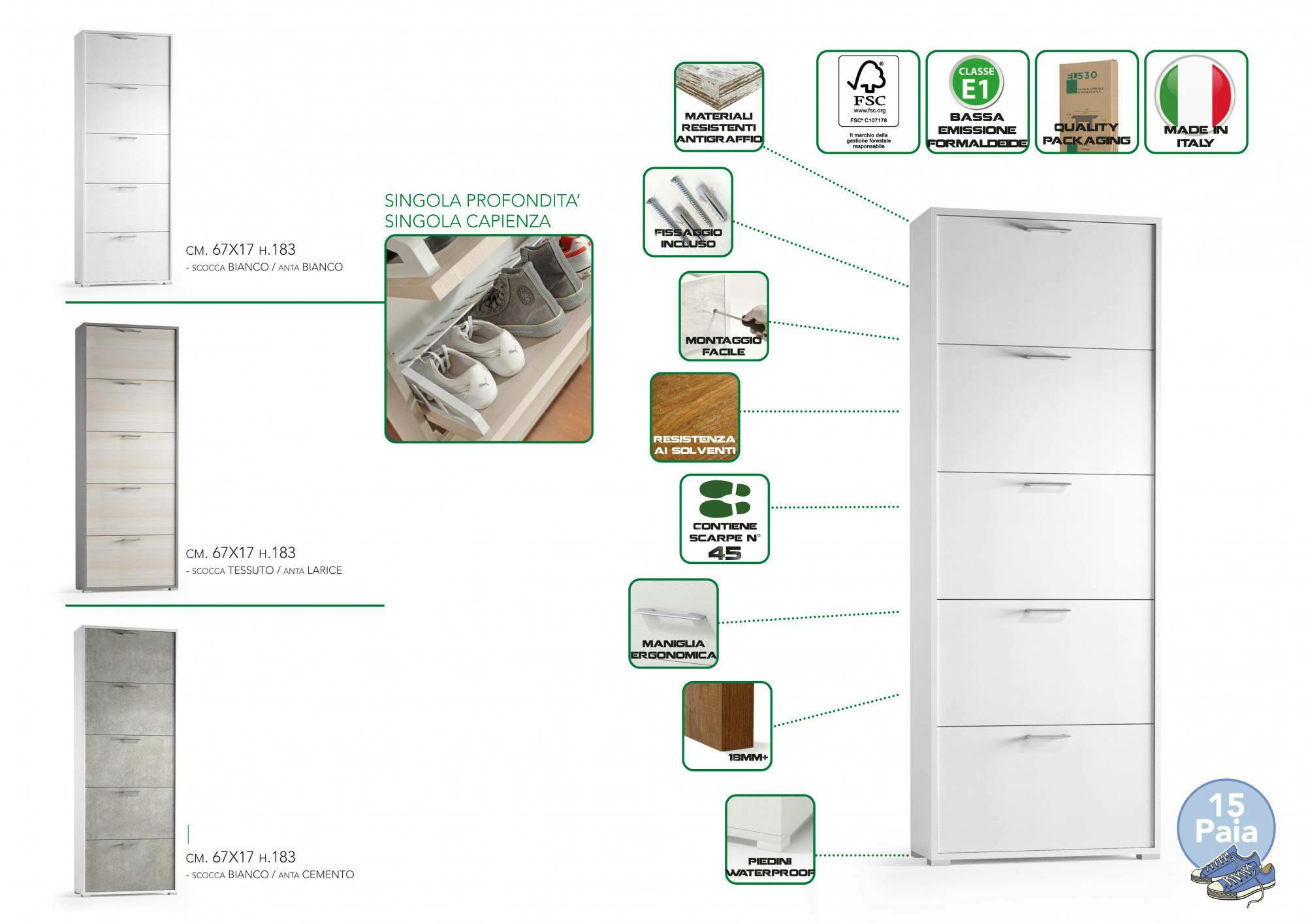 Dmora Scarpiera Margherita, Mobile multiuso da ingresso con 5 ante a ribalta,  Armadietto portascarpe moderno, 100% Made in Italy, 67x18h184 cm, Bianco