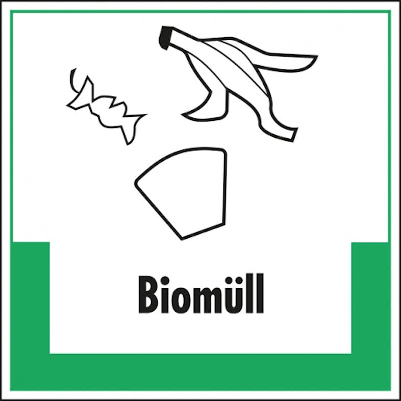 Aufkleber I Abfallkennzeichen Biomüll, mit Symbol und Text, Folie