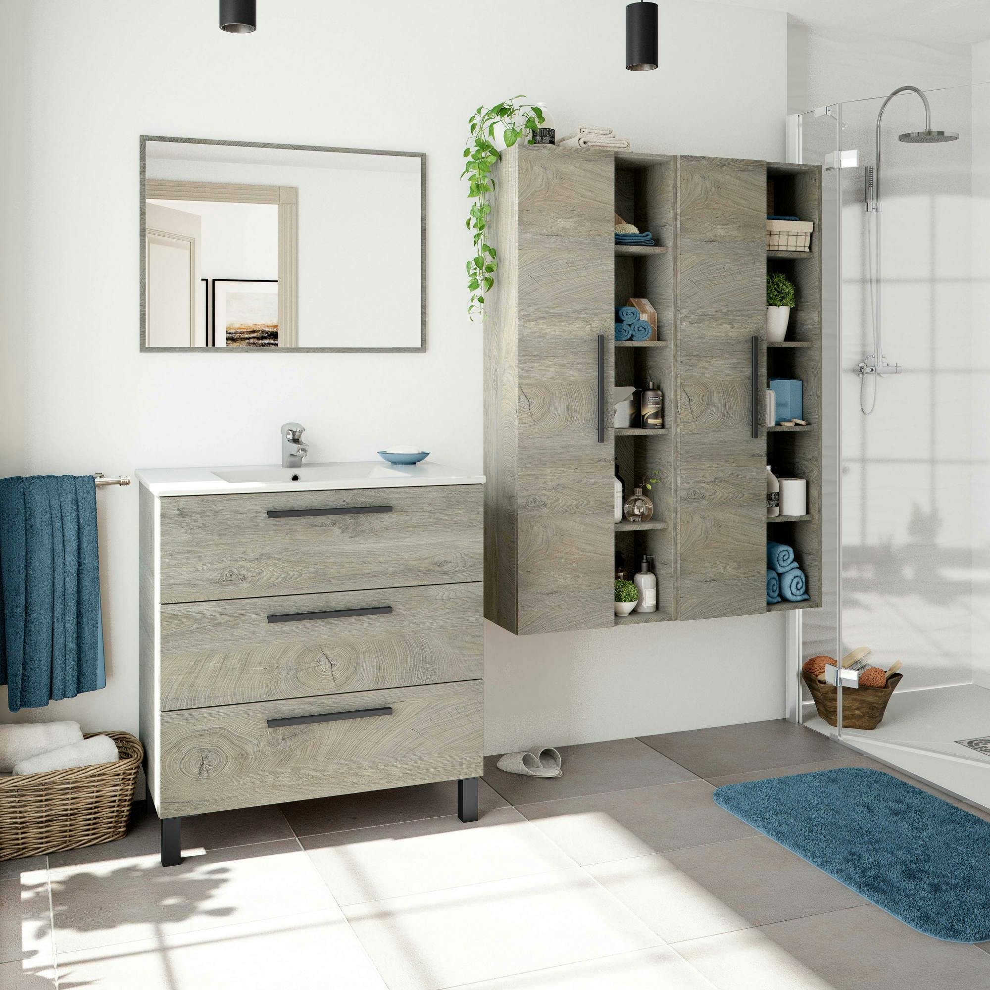 Dmora Colonna bagno LosAngeles, Mobile a colonna per bagno a 1 anta,  Armadio pensile sospeso con 5 ripiani, 51x25h135 cm, Rovere