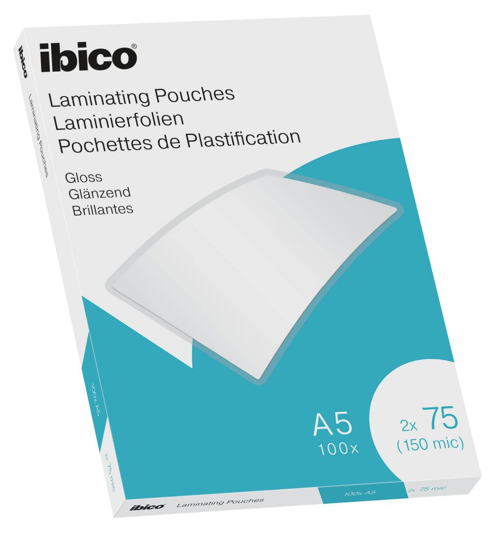 Ibico Value Confezione da 100 Buste per Plastificazione a Caldo, con  Finitura Lucida, in Formato A5, Spessore di 2 x 75 Micron, 154 x 216 x 2 mm