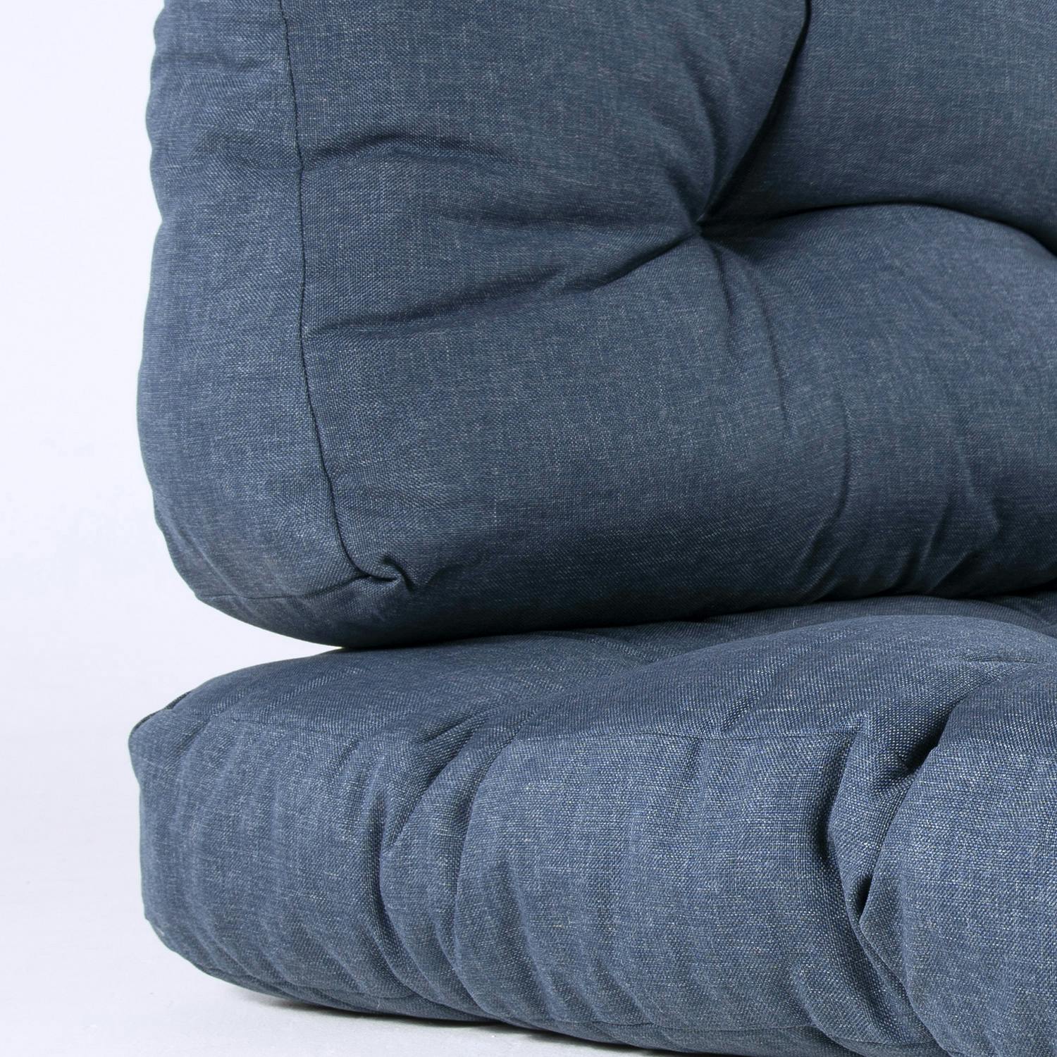 Pack de 2 sofas de paletes y 2 almofadas de assento 80x120x16 cm y 2  almofadas de encosto 42x120x16 cm cor azul olefina