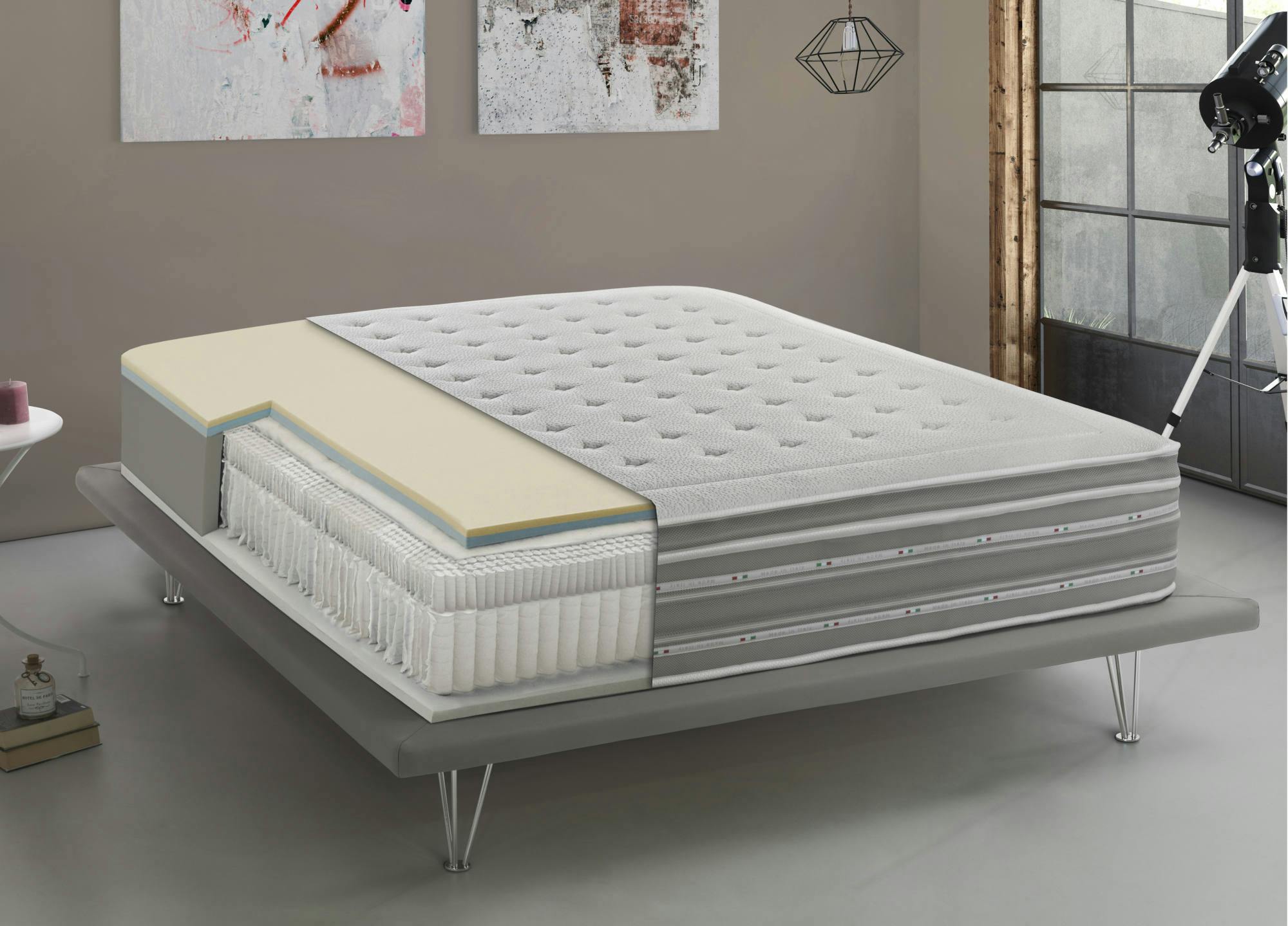 Materasso matrimoniale Porzia, Sfoderabile in Memory Foam+Gel e Molle  insacchettate, 100% Made in Italy, Anti acaro e Anallergico, Cm 140x190h27