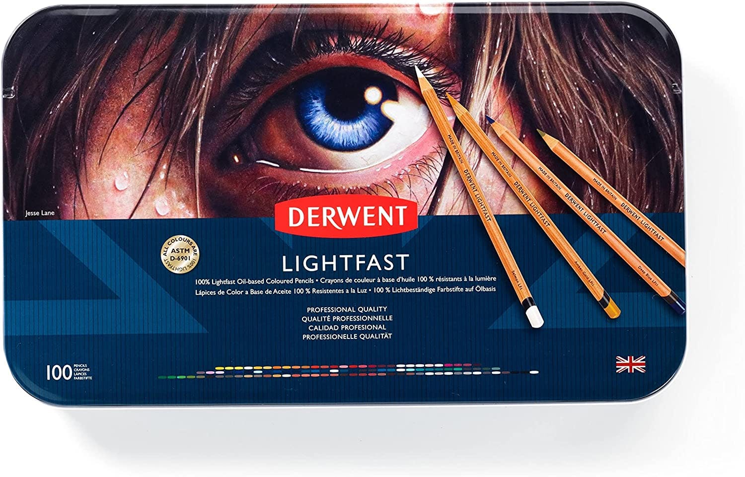 Derwent Lightfast Set di 100 Matite in Confezione di Metallo, Corpo Rotondo  da 4 mm, Resistenza del Nucleo Premium, Qualità Professionale, 2306017