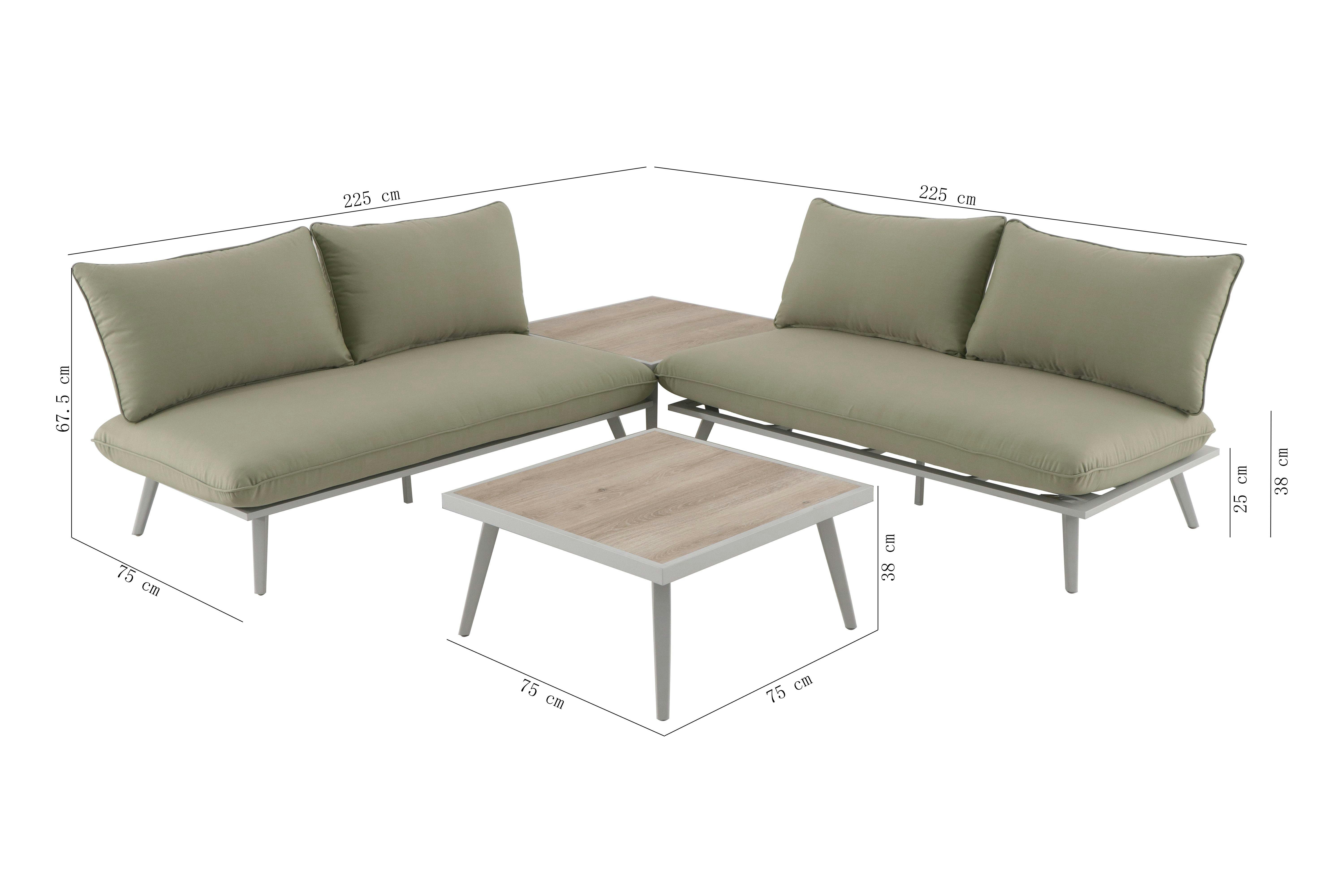 Tarrington House loungeset Lualu, aluminium/polyester/DPL, 150 x 75 67,5 cm, met bijzettafeltje en tafeltje, groen/zilver, 4-delig | MAKRO Webshop