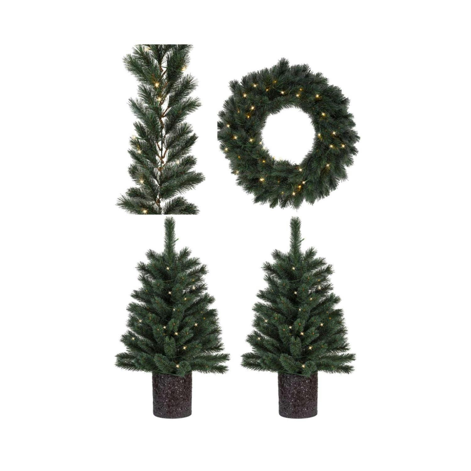 LED Weihnachtsset für Eingang Haustür Kranz Girlande 2 Bäume beleuchtet 