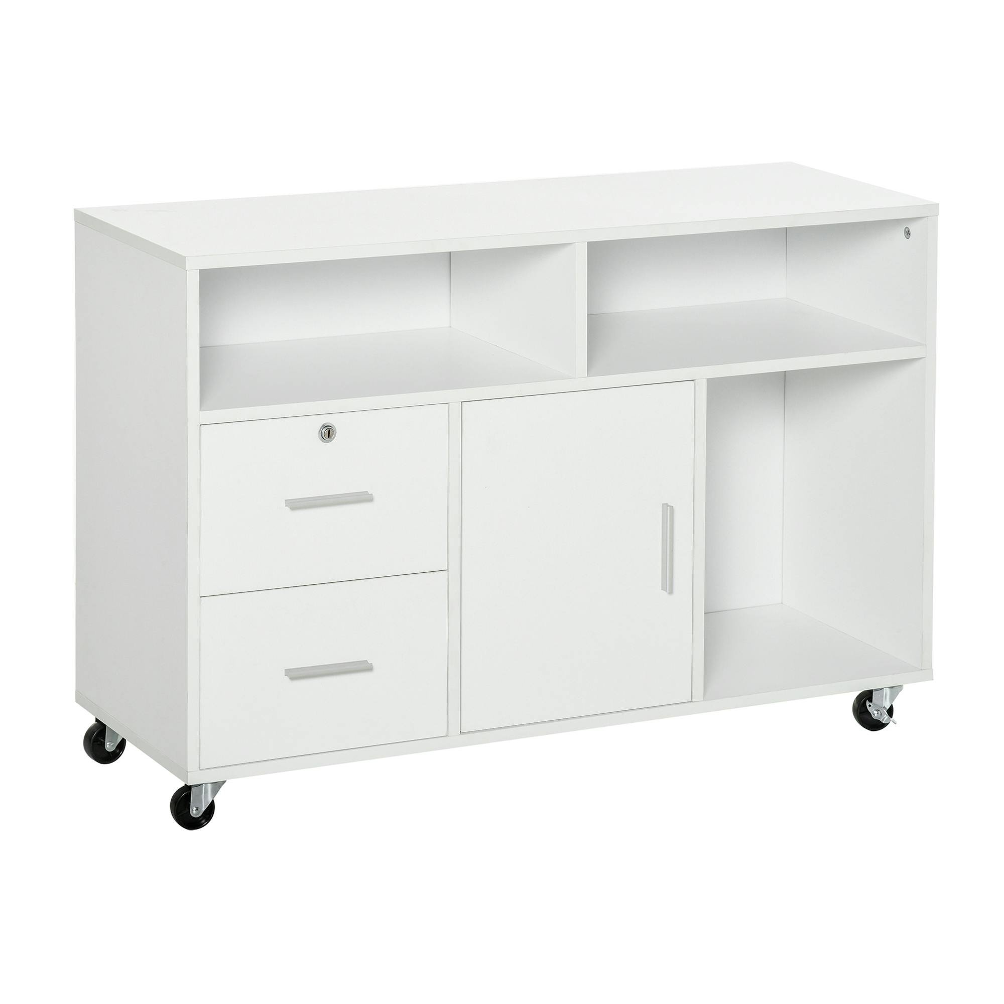 HOMCOM Mueble de Oficina con Ruedas Cajones y Estantes 100x35x65 cm Blanco  | Makro