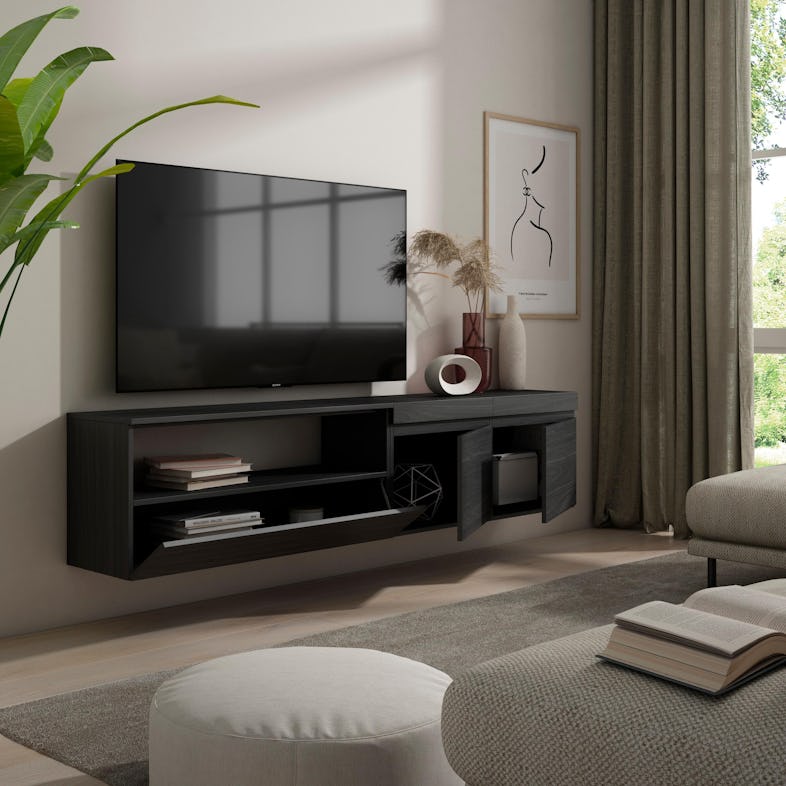 Mueble TV, Televisión, 200x45x35cm, Roble y negro