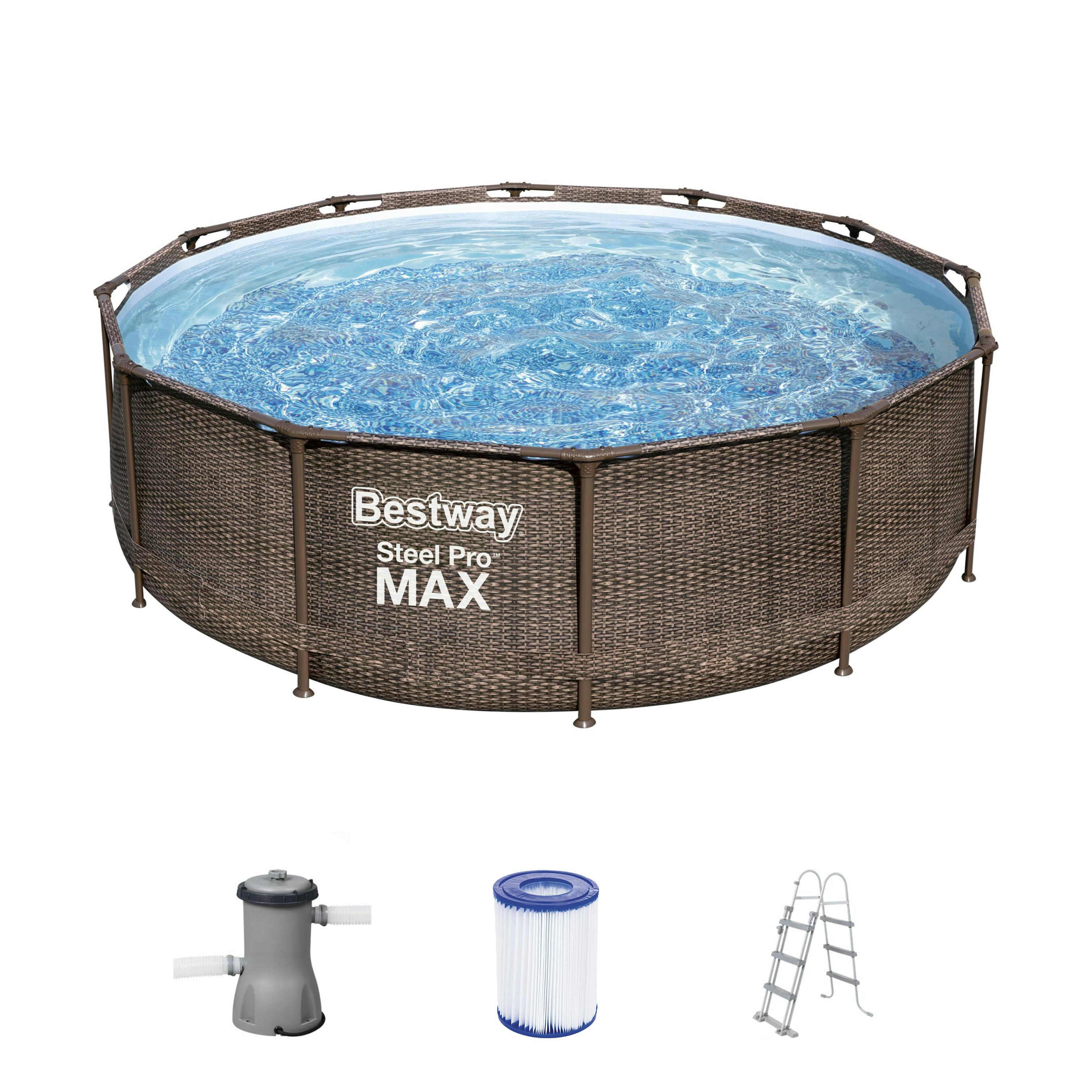 Steel Pro MAX™ mit x Pool Frame | Komplett-Set, Filterpumpe 366 & Marktplatz 100 rund, cm METRO Sicherheitsleiter