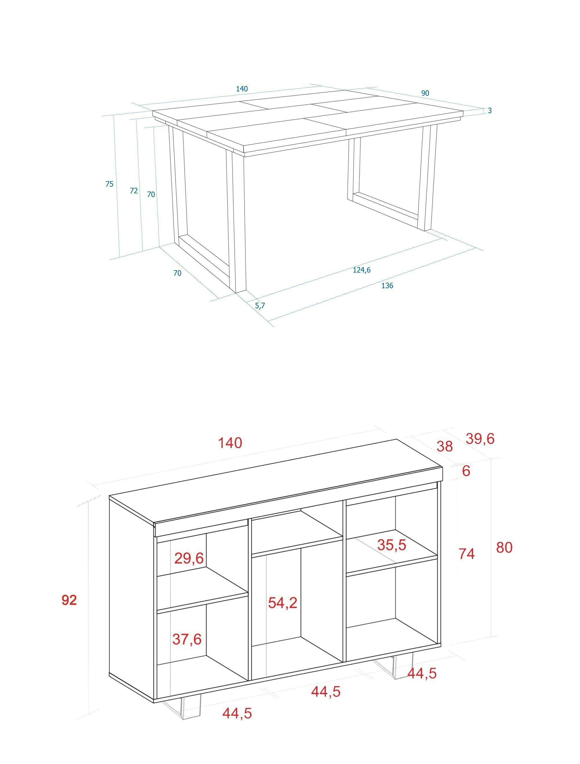 Conjunto muebles salon, Mesa 140 Bicolor patas X 6 comensales