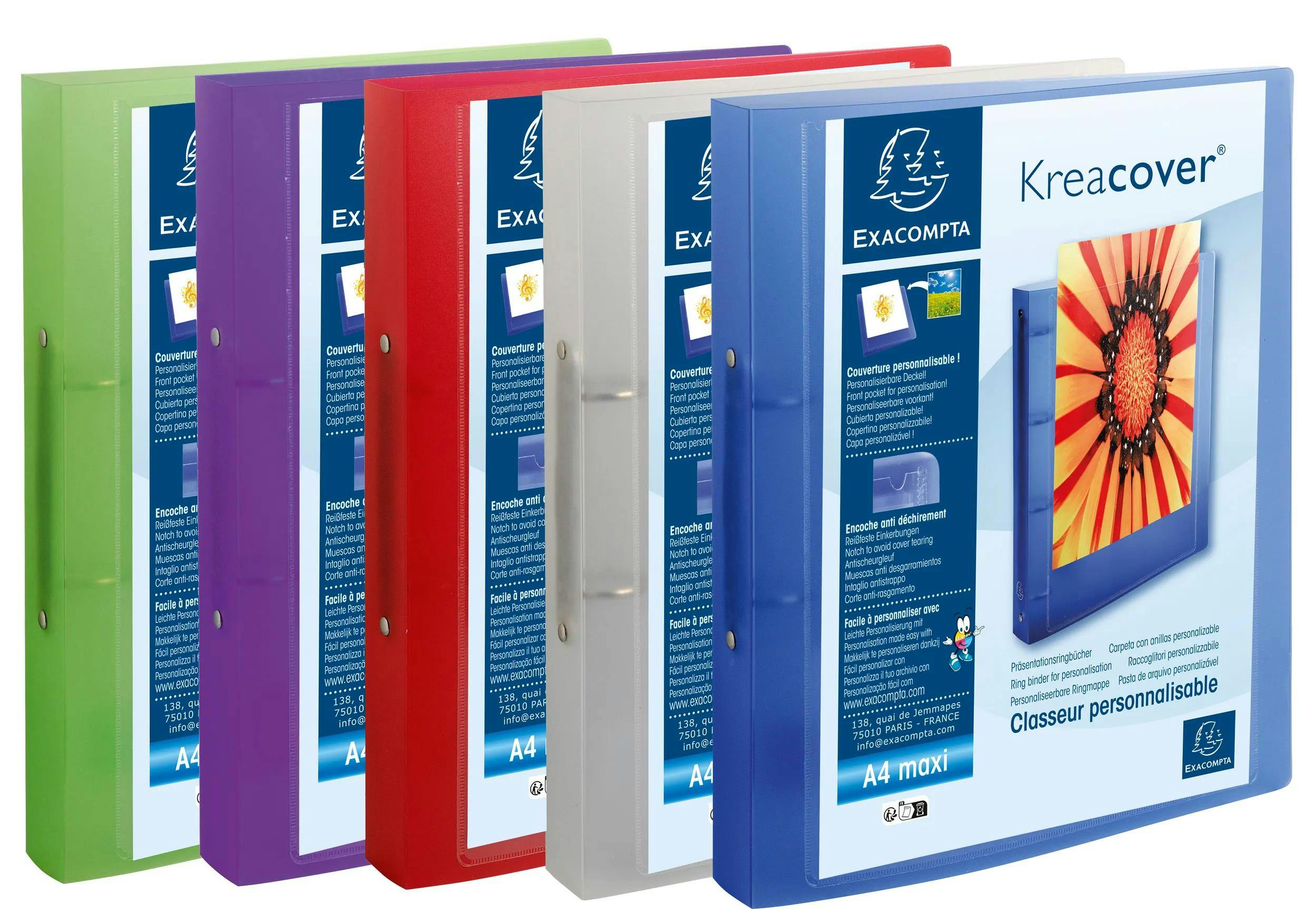 Copertina Personalizzabile Raccoglitore Exacompta Kreacover - 4 Anelli D Da  60mm, Dorso 90mm, Personalizzabile, Blu - Per A4 Maxi Exacompta Raccoglitore  4 Anelli, image size:2500x1752