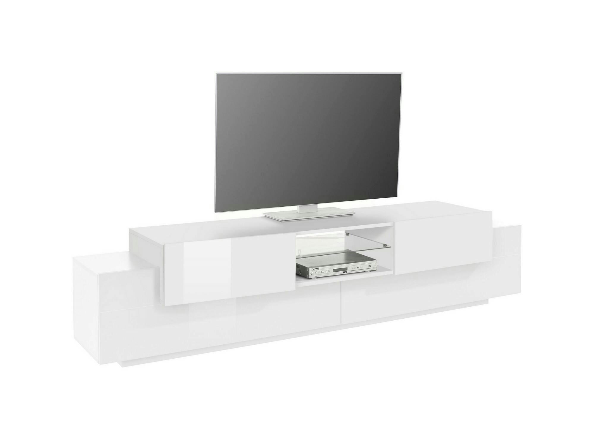 Mobile porta TV David, Credenza bassa da soggiorno, Base porta TV, 100%  Made in Italy, cm 200x45h36, Bianco lucido